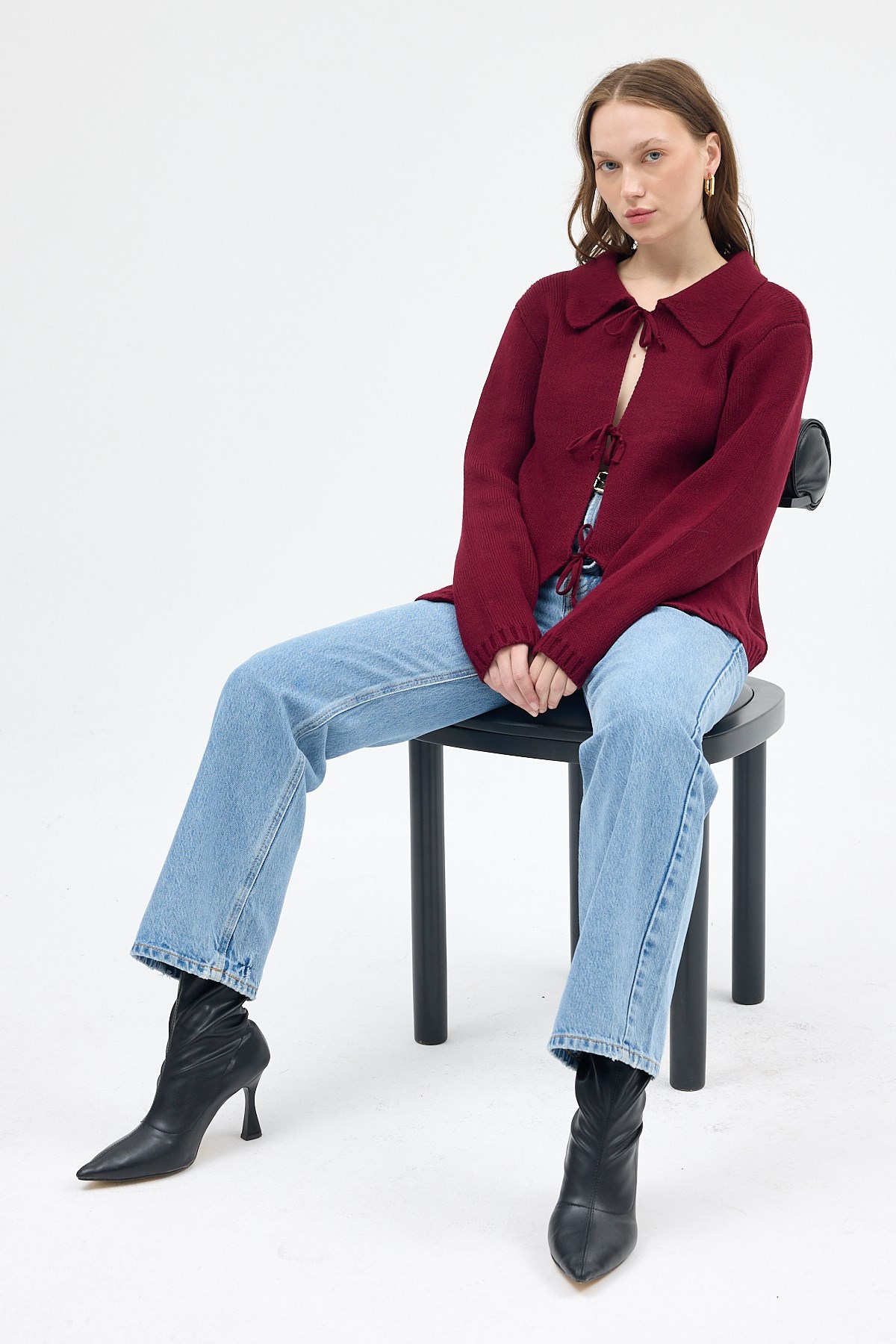 Bordo Kadın Bağlamalı Polo Yaka Triko Hırka 7095 2
