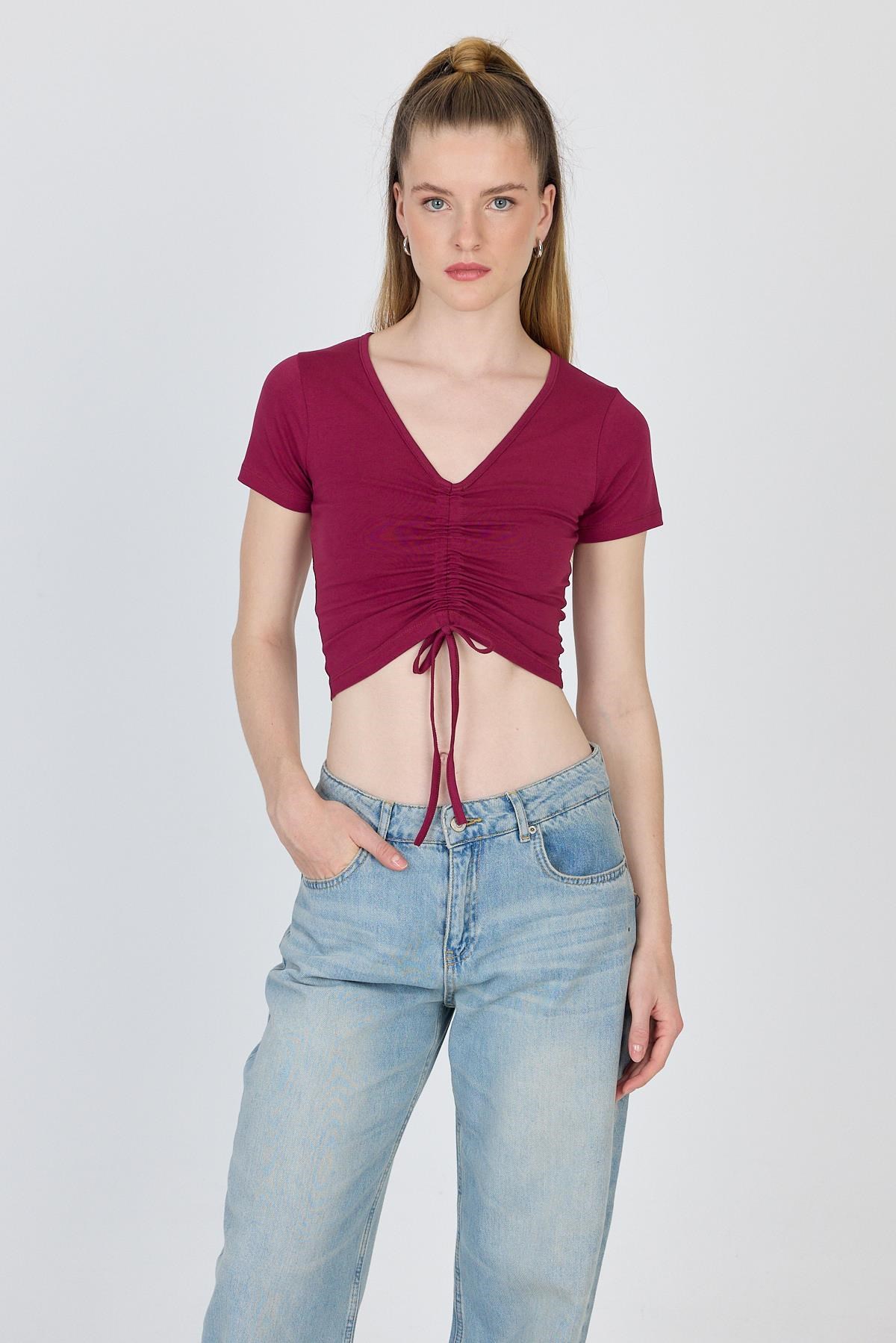 Bordo V Yaka Büzgülü Crop Tişört 9201M