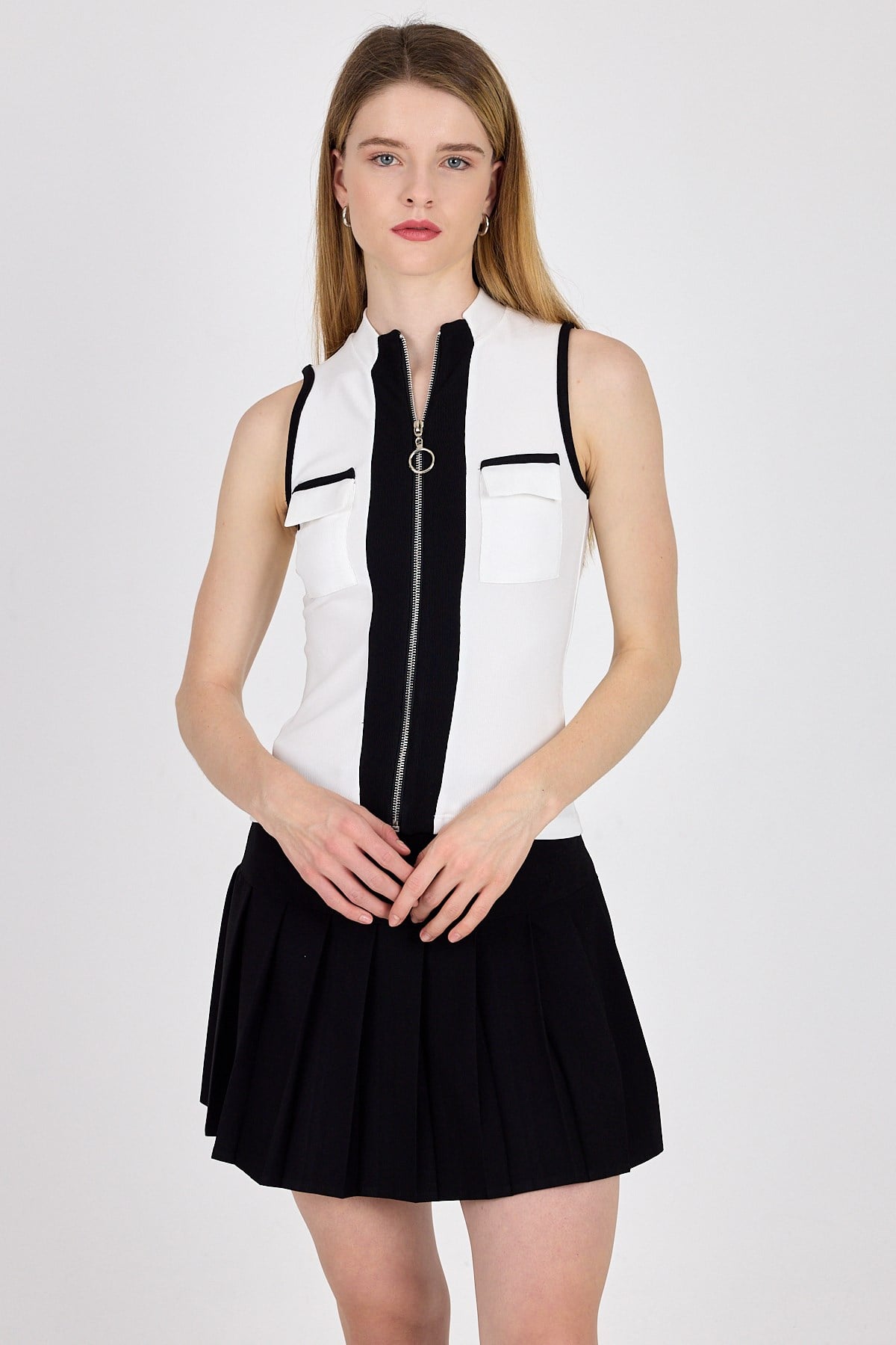 Beyaz Fermuarlı Örme Bluz 1449 13