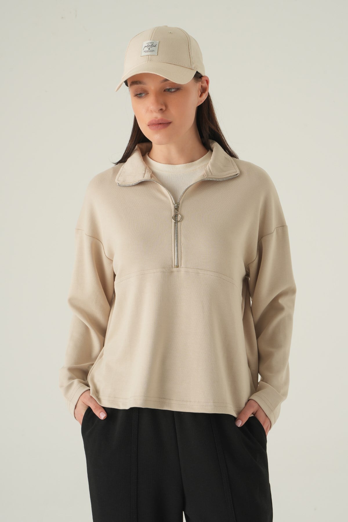 Yarım Fermuarlı Sweat 8249A Bej 6
