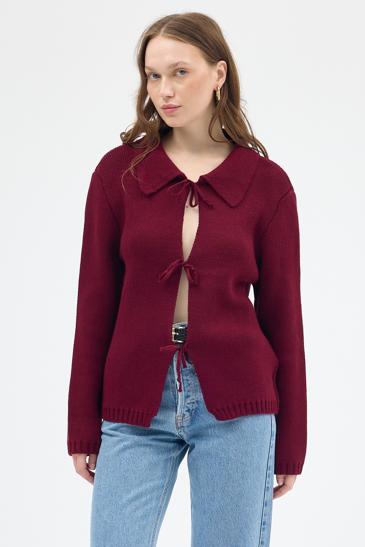 Bordo Kadın Bağlamalı Polo Yaka Triko Hırka 7095