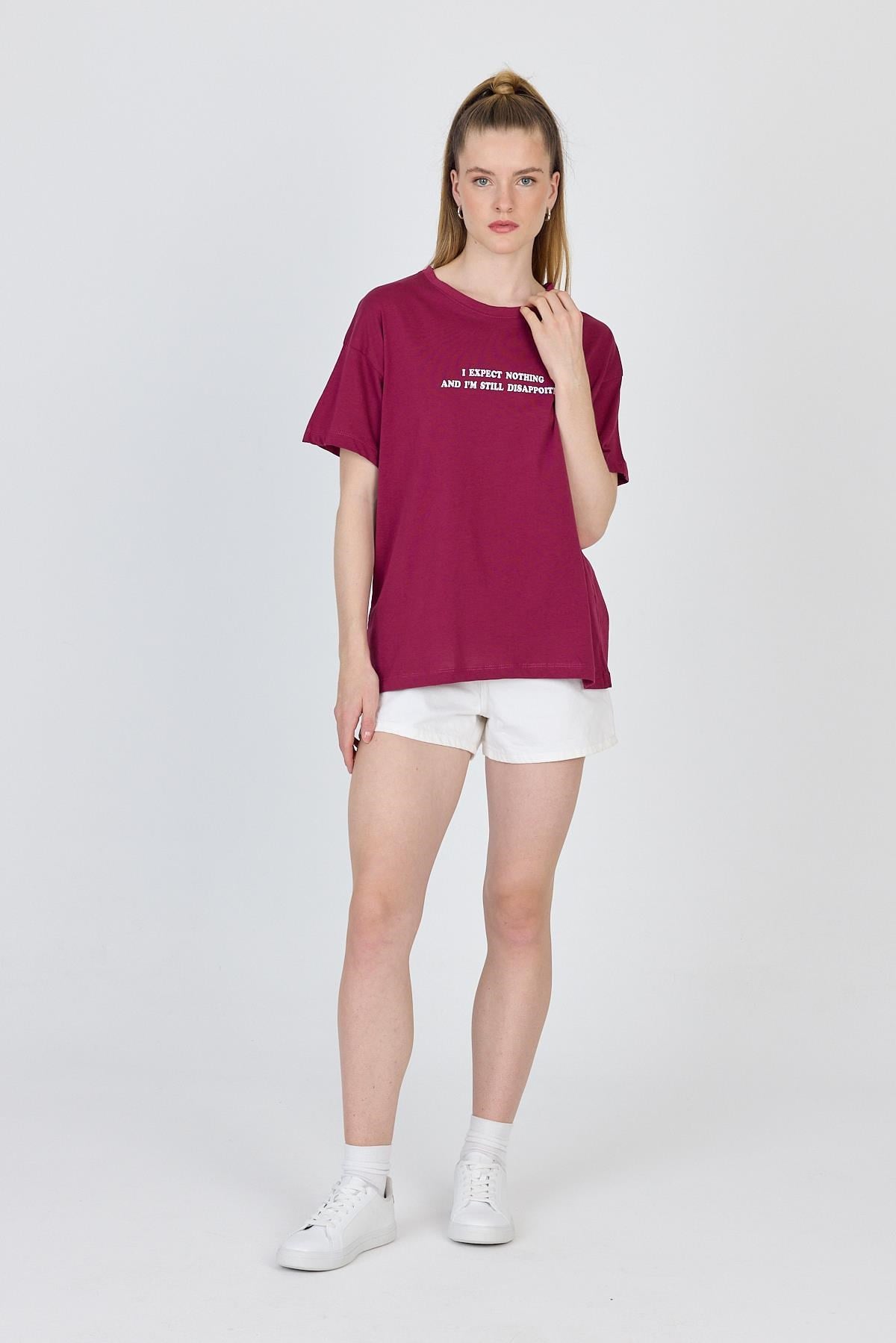 Bordo Yazı Baskılı %100 Pamuk Oversize Tişört 2150-8M 6