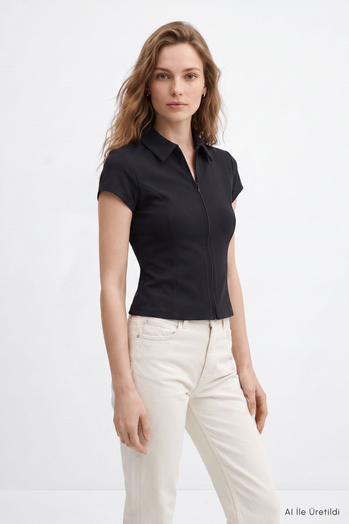 Polo Yaka Kısa Kol Crop Tişört 26651 Siyah 2