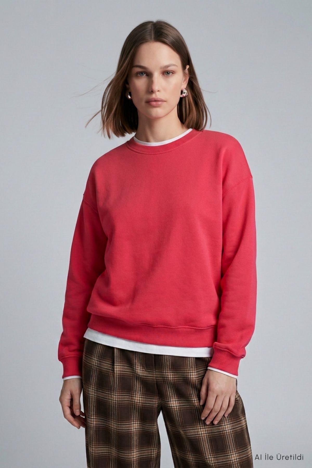 Bisiklet Yakalı Basic Oversize Sweatshirt 954 Kırmızı 2