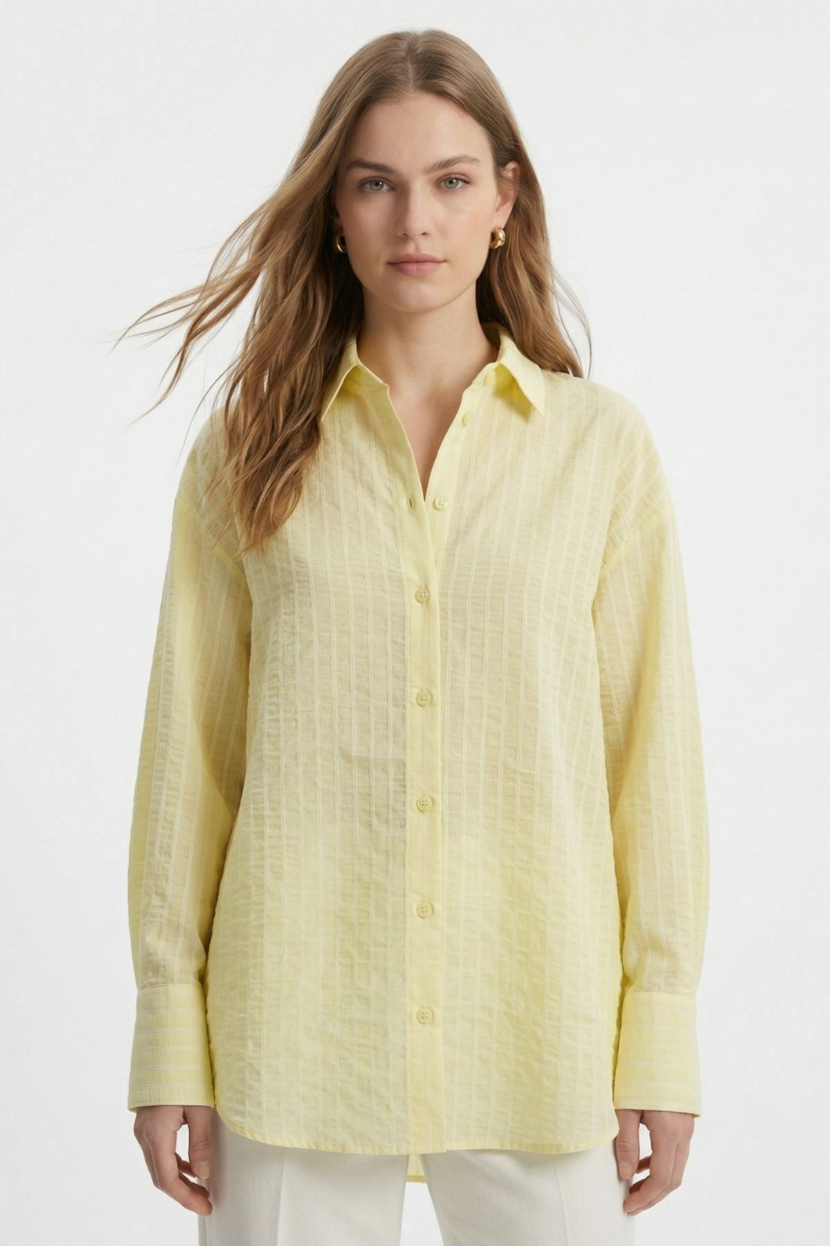 Çizgili Oversize Gömlek 5460 Sarı 2