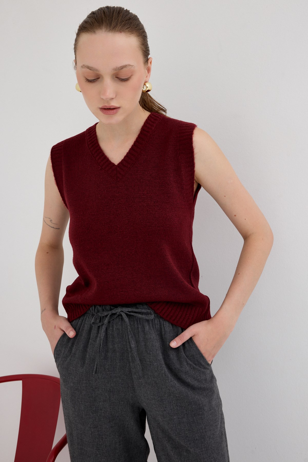 Bordo Oversize V Yaka Kadın Süveter 2292 7