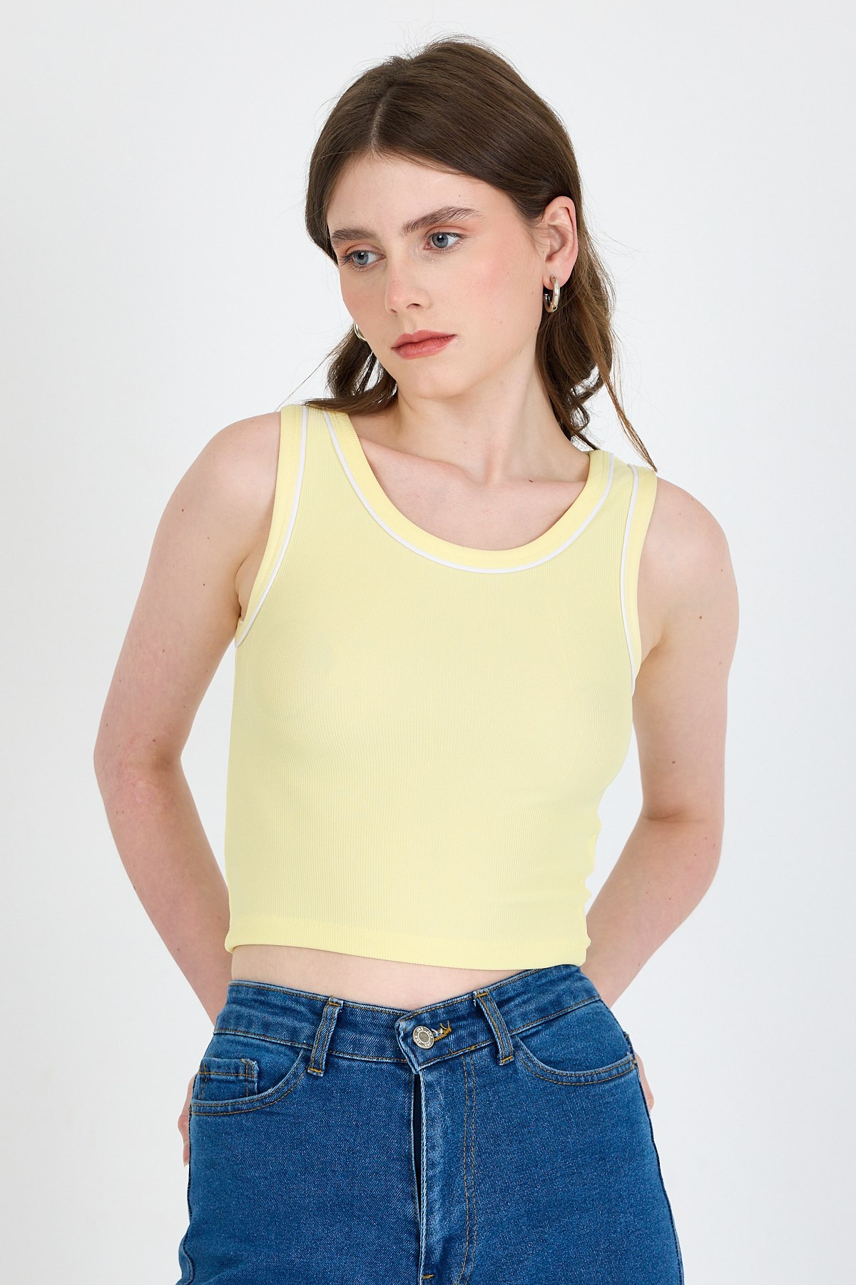 Sarı Şerit Detaylı Örme Crop Atlet 1049 2