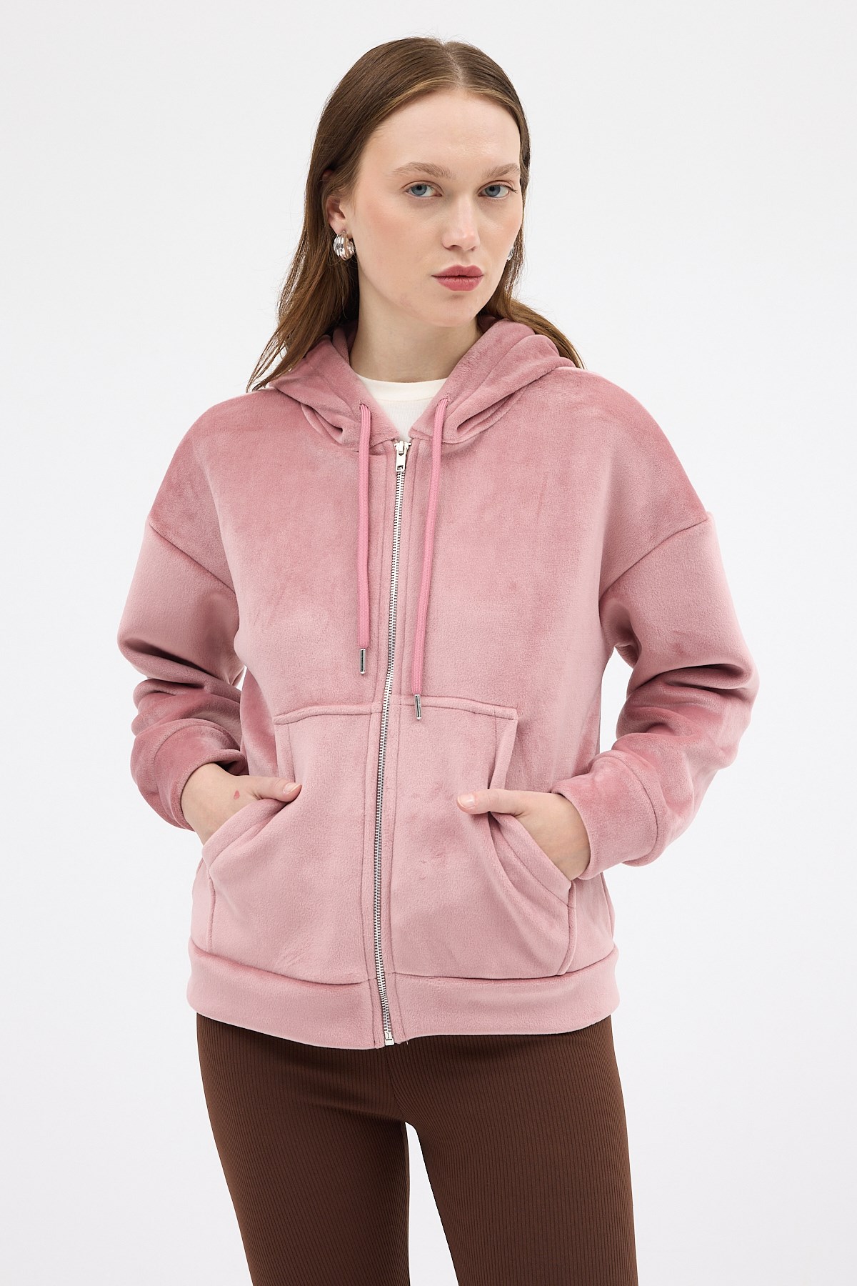 Pembe Kadın Fermuarlı Kapüşonlu Sweatshirt 3059A