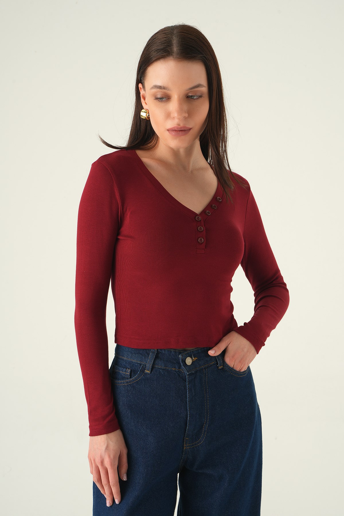 V Yaka Düğmeli Badi 8299A Bordo 6