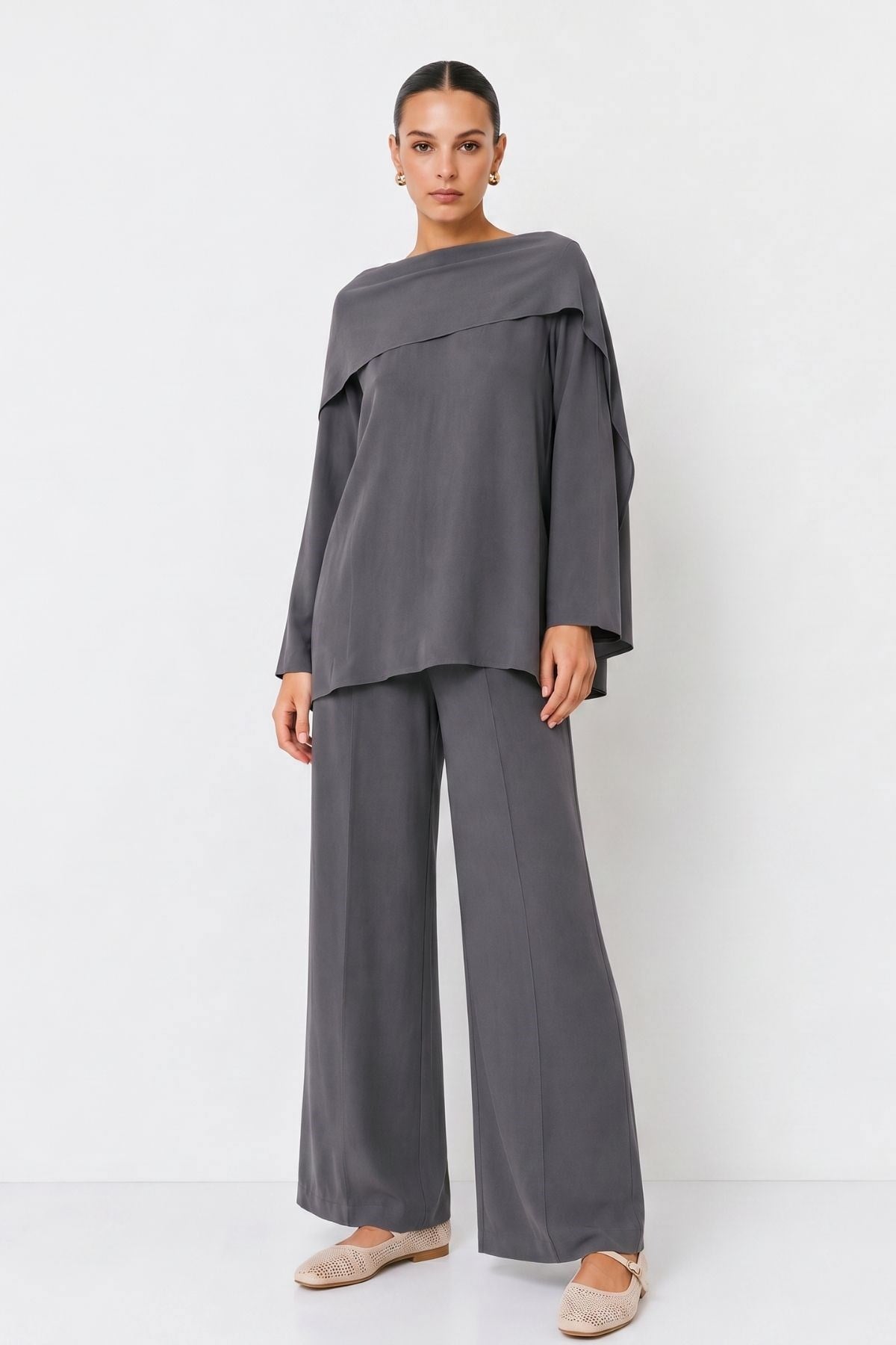 Şal Yaka Tunik  Pantolon Takım 6350 Füme
