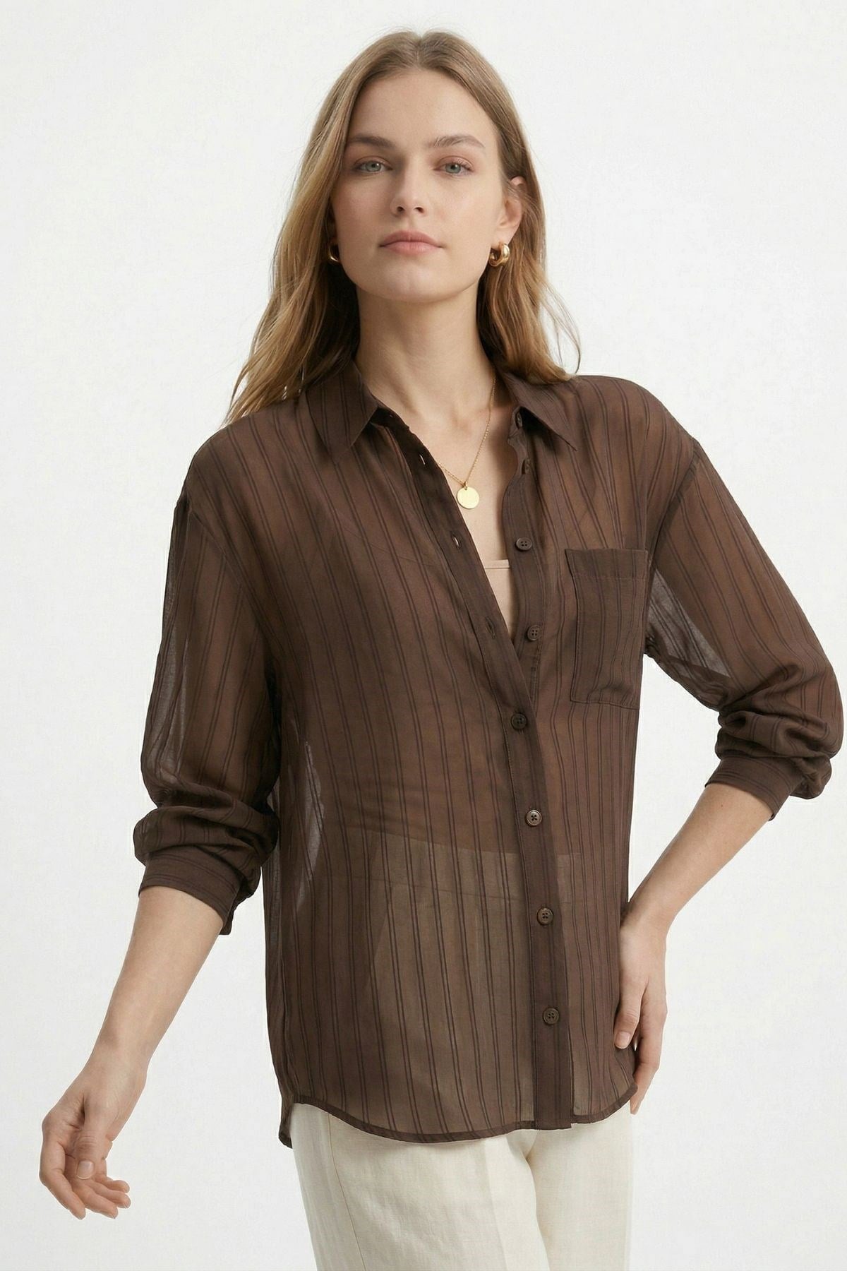 Kahve Cepli Çizgili Oversize Gömlek 5449 2