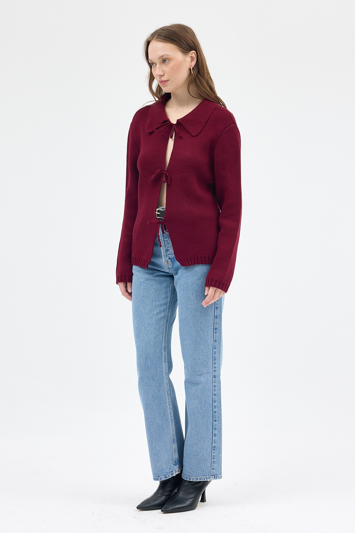 Bordo Kadın Bağlamalı Polo Yaka Triko Hırka 7095 7