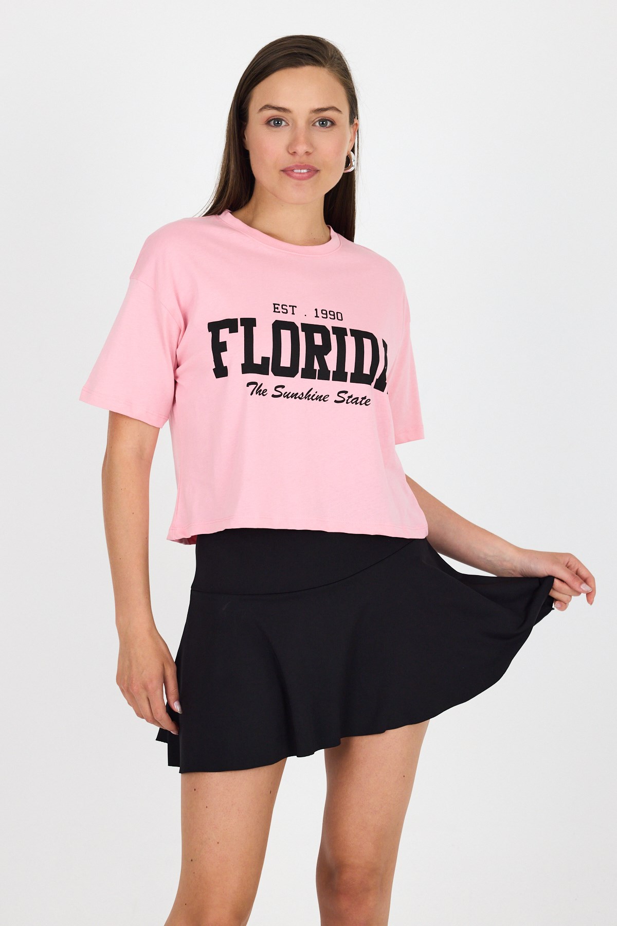 Pembe Yazı Baskılı %100 Pamuk Crop Tişört 9188M