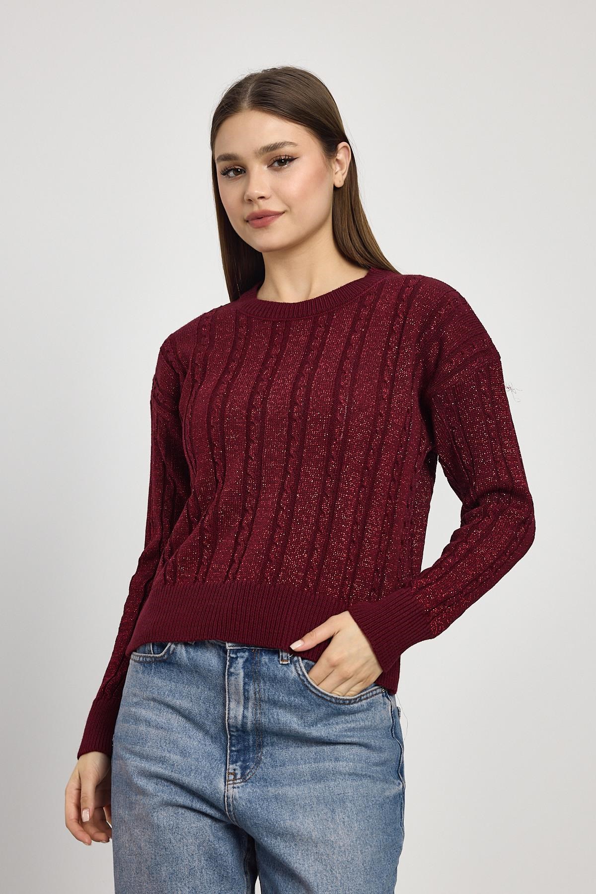 Örgü Detay Simli Triko Kazak 24366 Bordo 8
