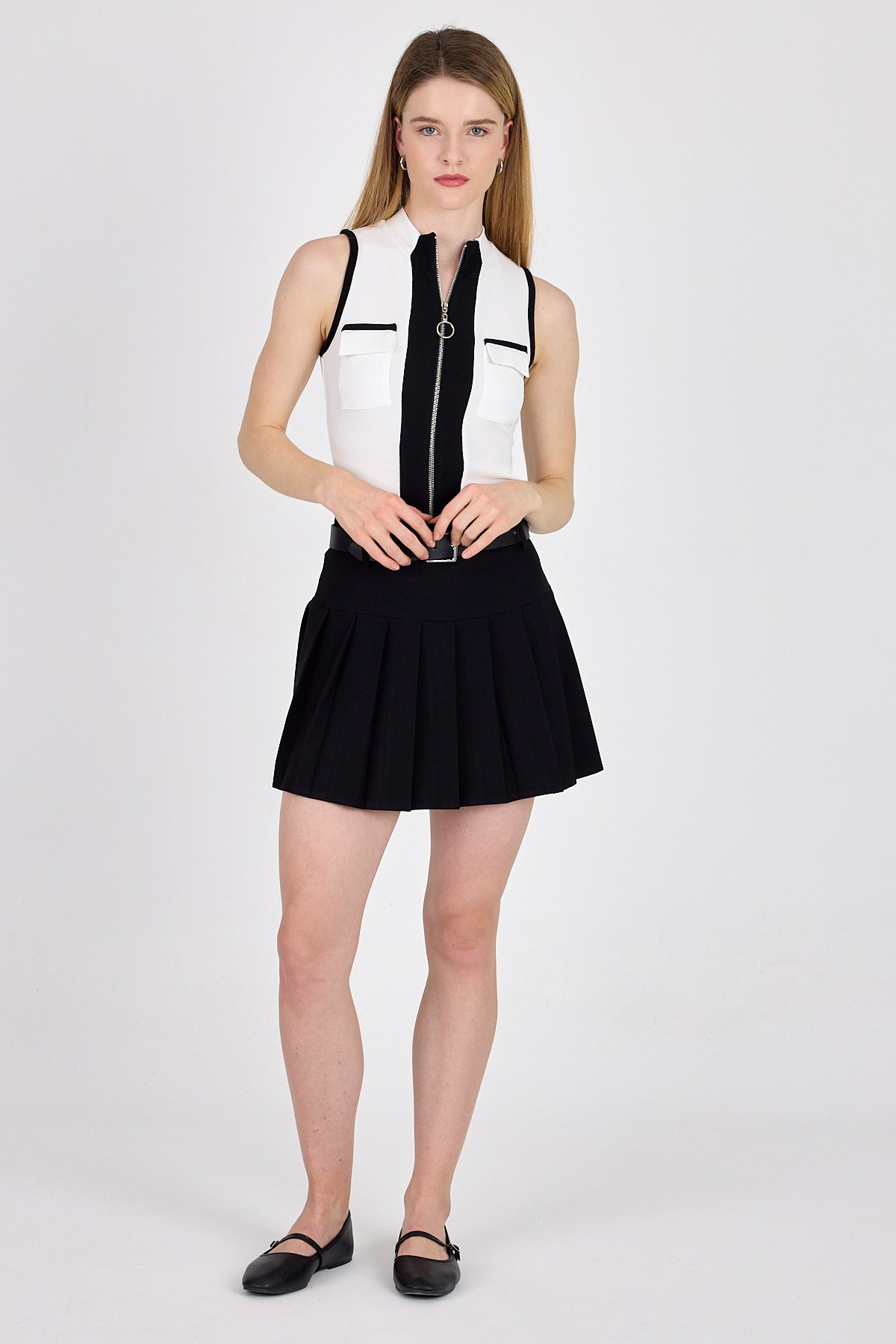 Beyaz Fermuarlı Örme Bluz 1449 4