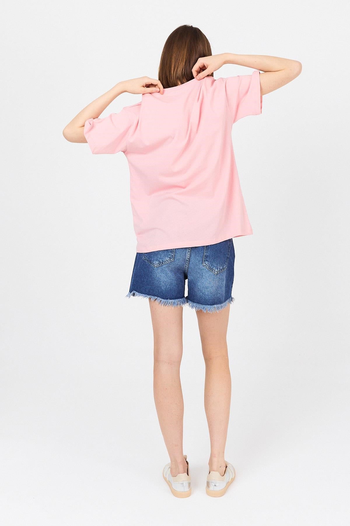 Pembe Göğüs Yazı Baskılı Pamuklu Oversize Tişört 2150-31M 5