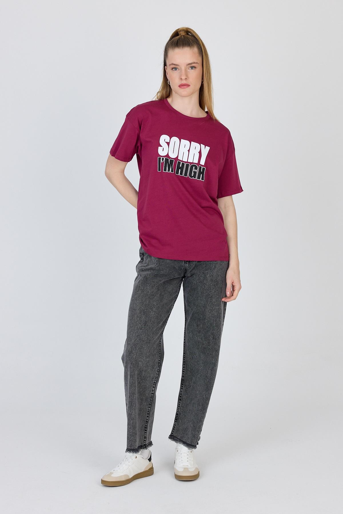 Bordo Yazı Baskılı %100 Pamuk Oversize Tişört 2150-7M 3