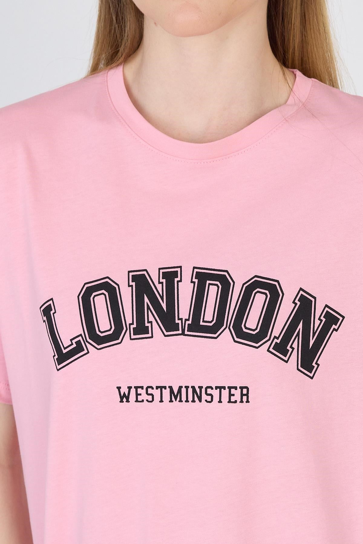 Pembe Yazı Baskılı %100 Pamuk Oversize Tişört 2150-9M 4