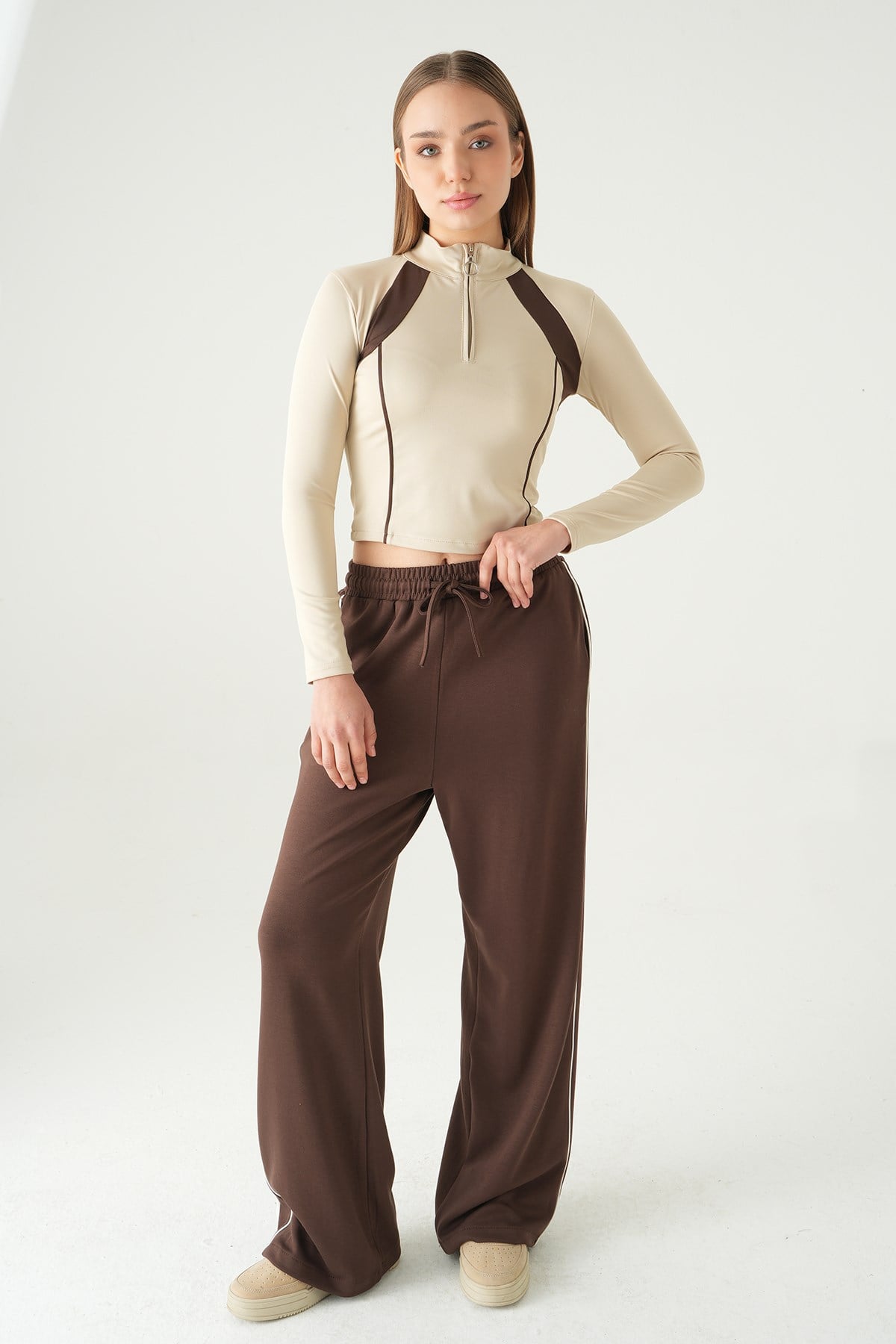 Şeritli Fermuarlı Sweat 8326A Bej 3