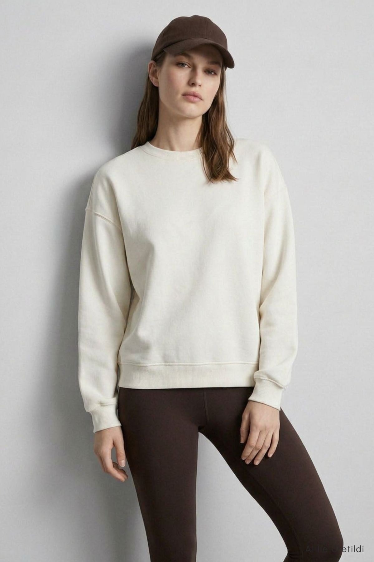 Bisiklet Yakalı Basic Oversize Sweatshirt 954 Ekru 3