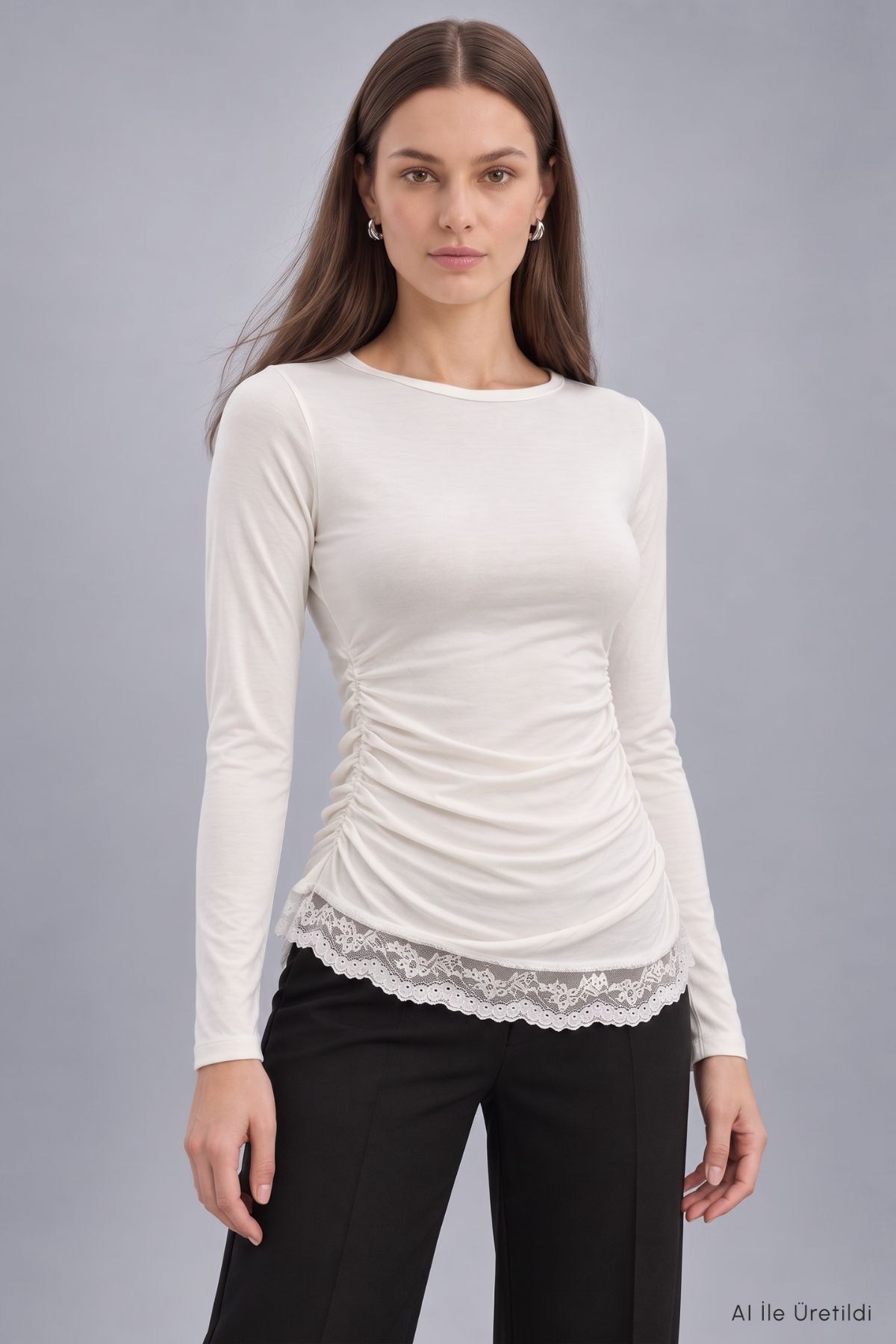 Eteği Dantelli Bluz 6180 Beyaz