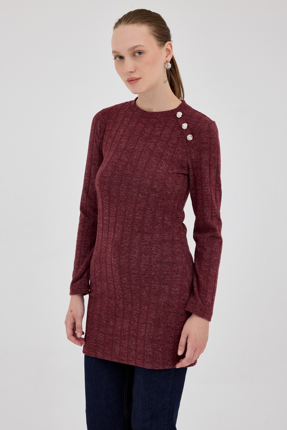 Bordo Düğme Detaylı Çizgili Triko Tunik 8132A