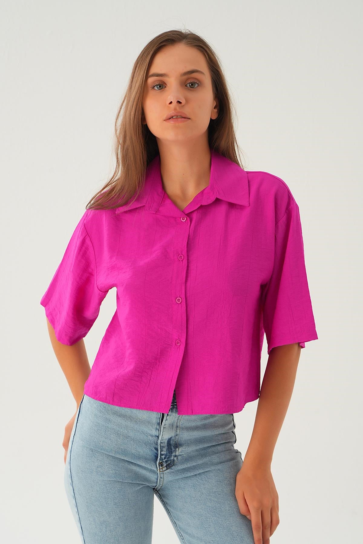 Oversize Kısa Gömlek 4159A Fuşya 2