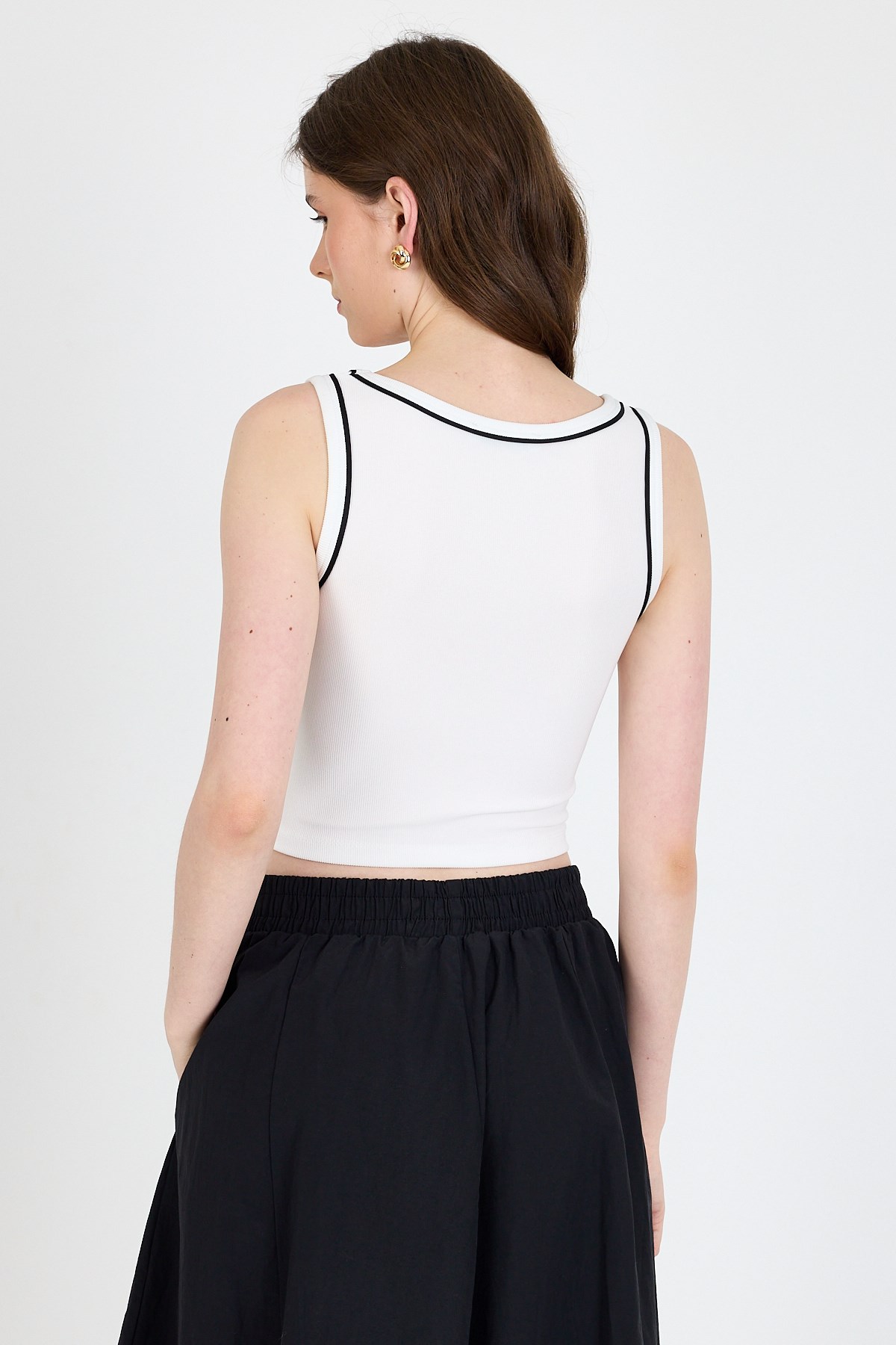 Ekru Şerit Detaylı Örme Crop Atlet 1049 5