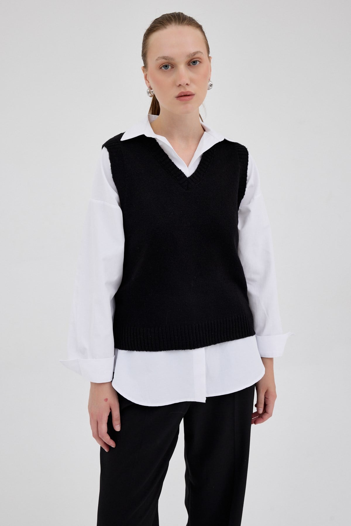 Siyah Oversize V Yaka Kadın Süveter 2292 2