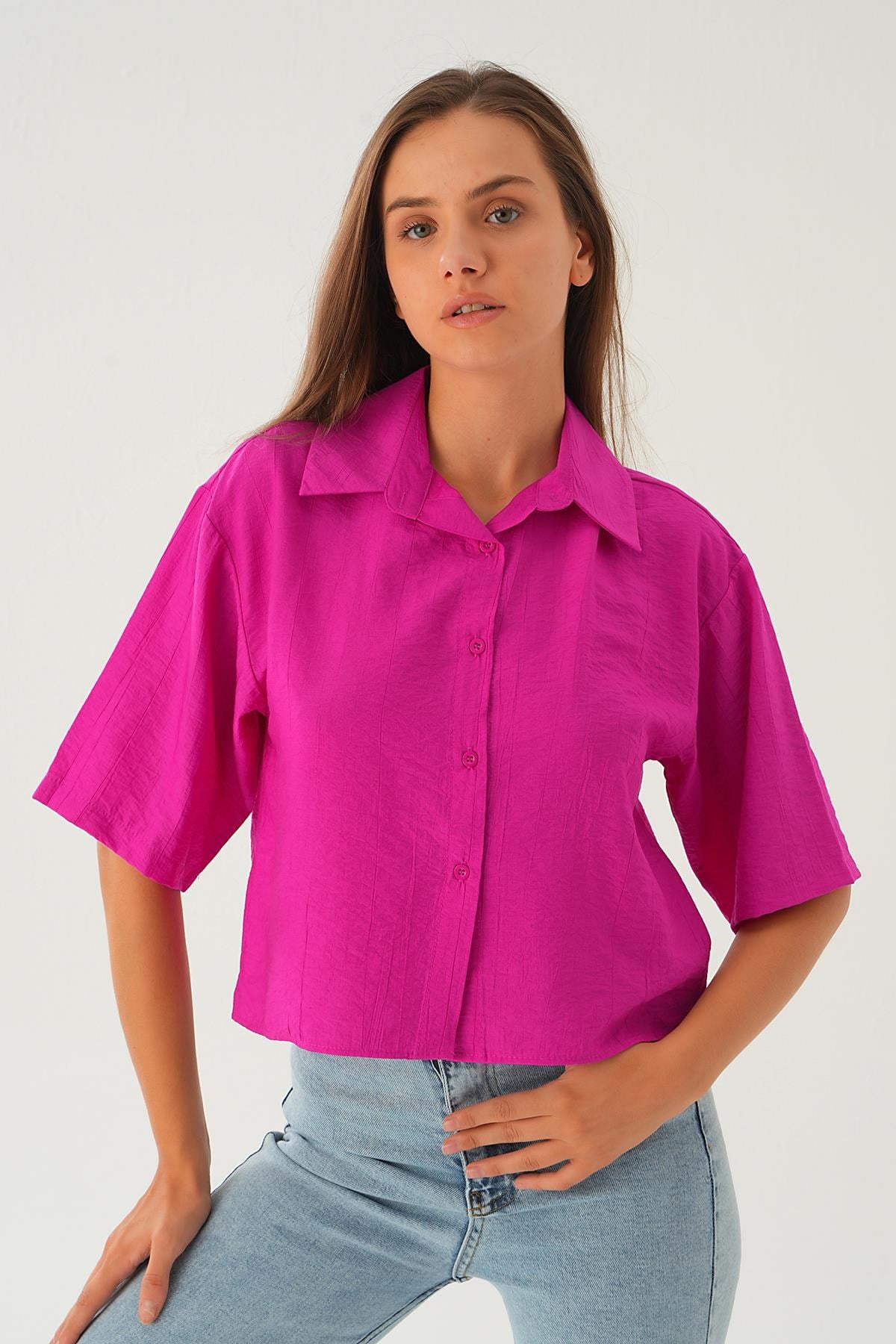 Oversize Kısa Gömlek 4159A Fuşya 6