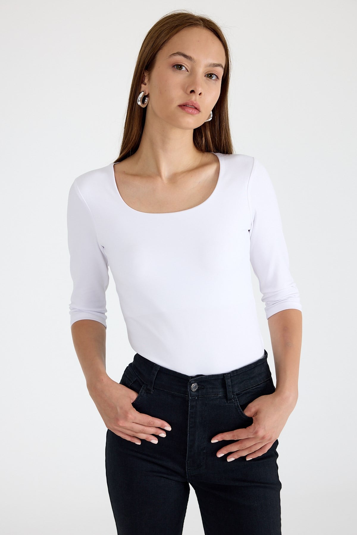 Ekru Kare Yaka Örme Body 9193M 6