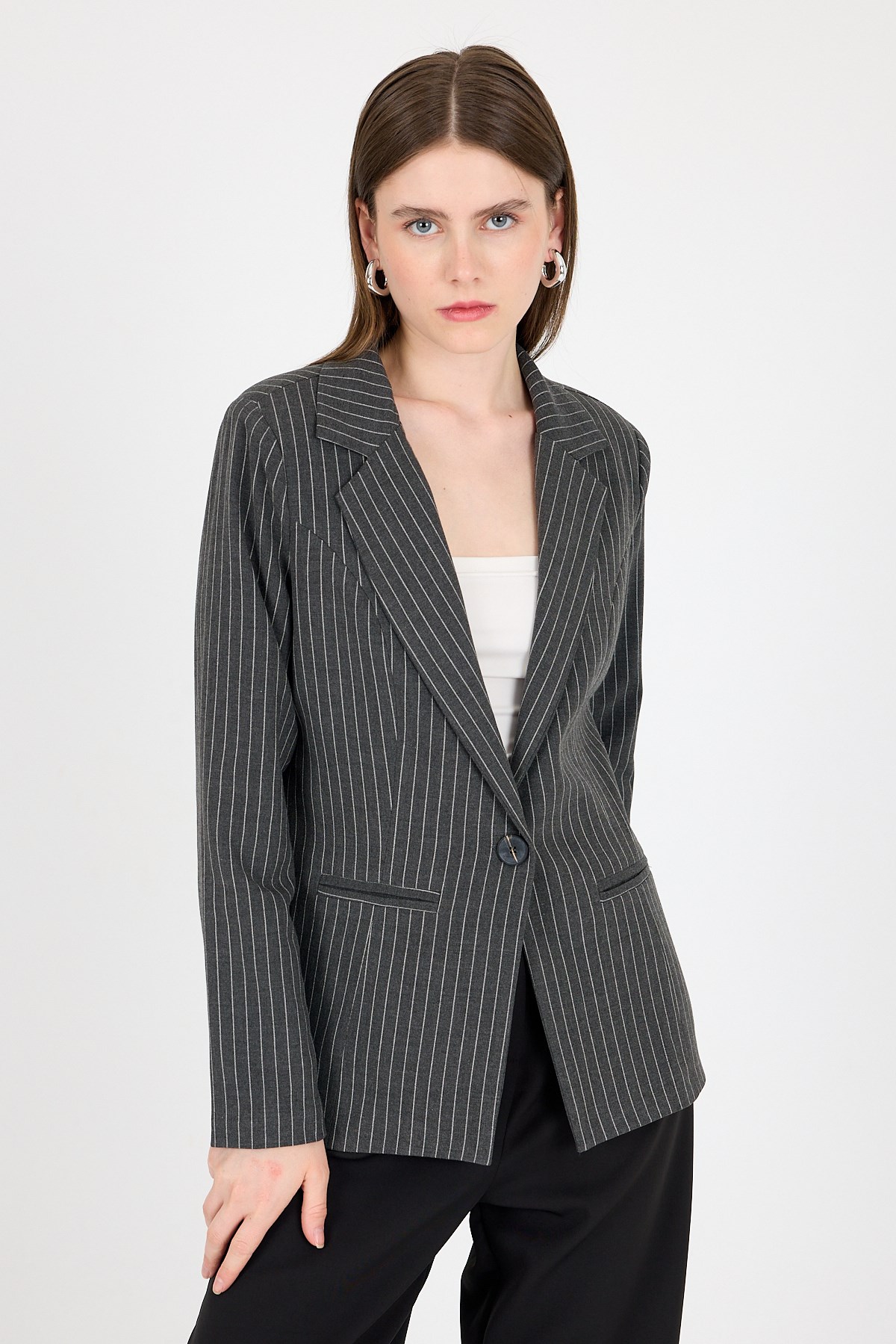Antrasit Çizgili Tek Düğmeli Blazer Ceket 4594A