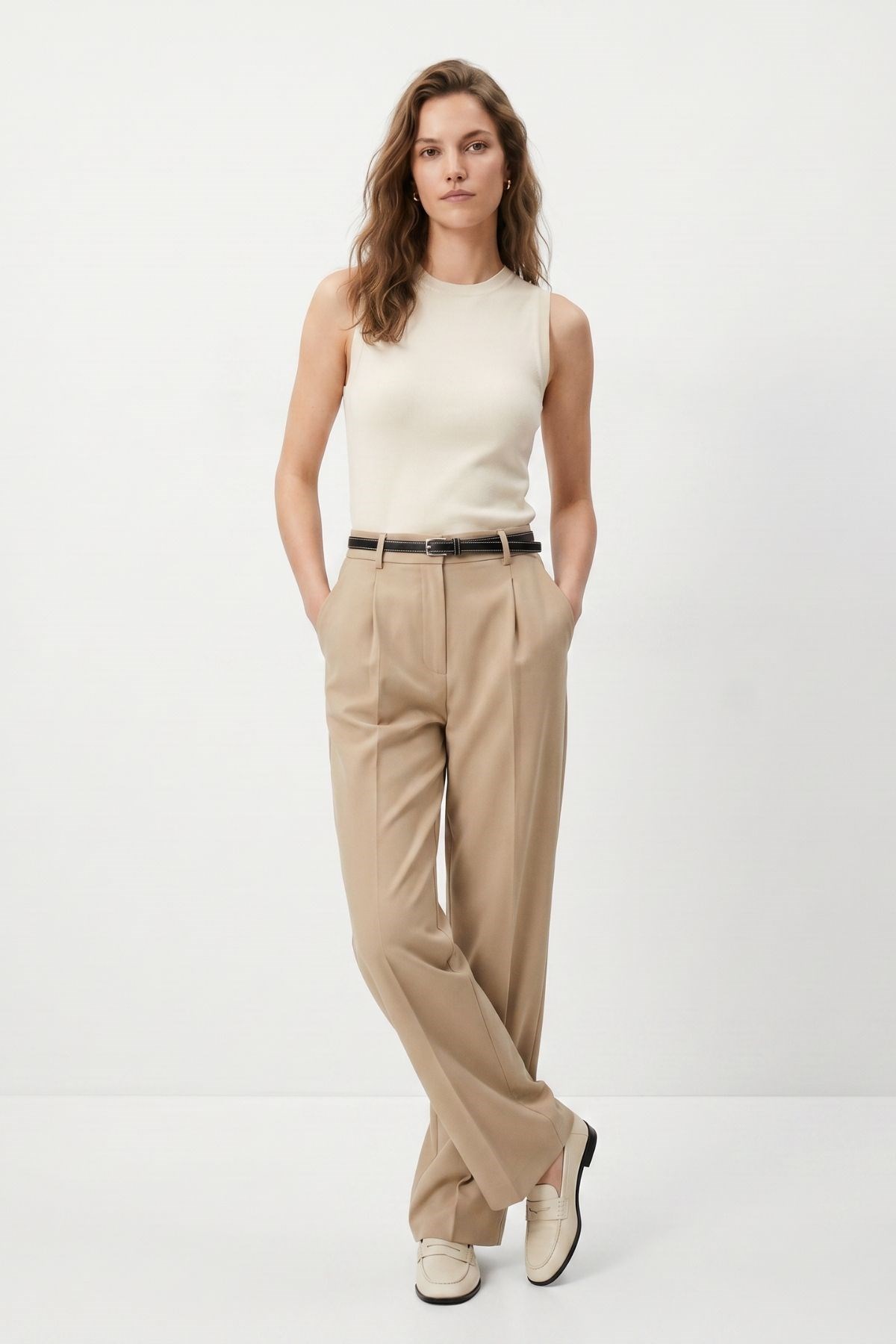 Ön Pileli Kemerli Pantolon 8399A Camel