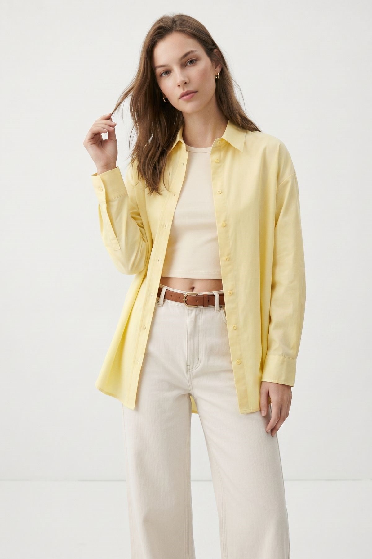 Tereyağ Sarısı Relaxed Fit Rahat Kesim Basic Gömlek 6621A