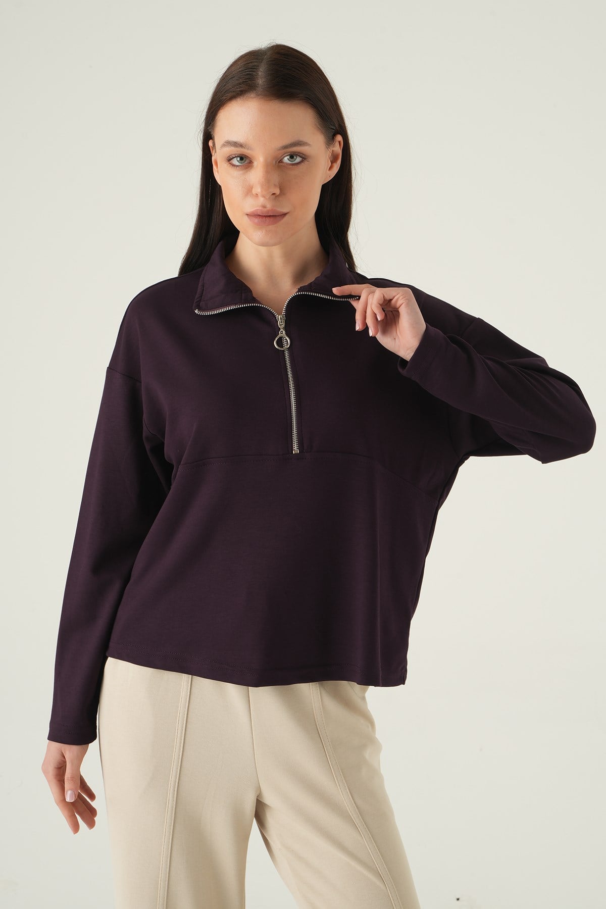 Yarım Fermuarlı Sweat 8249A Mürdüm 2