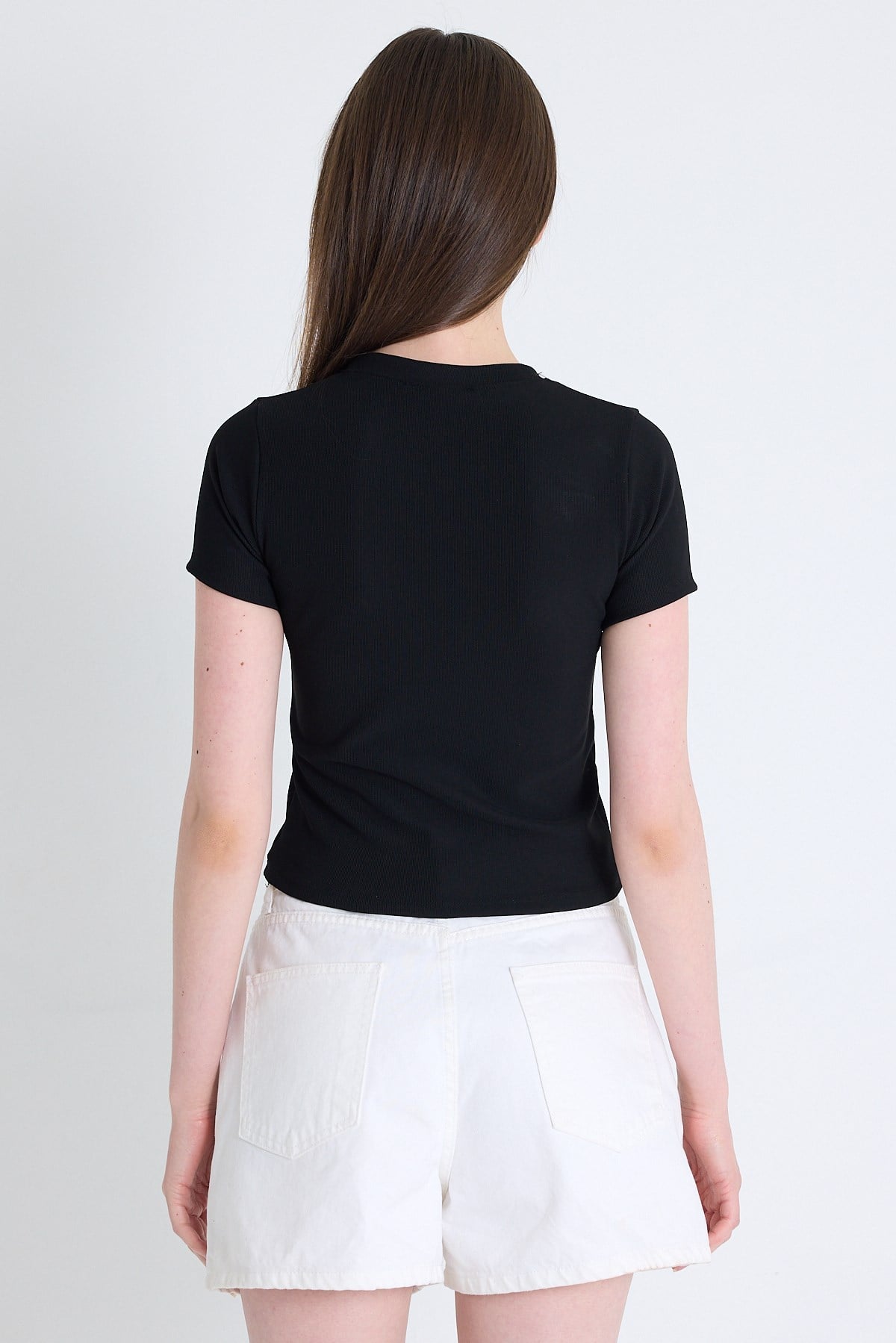 Siyah Ayıcık İşlemeli Slim Fit Crop Tişört 2217 5
