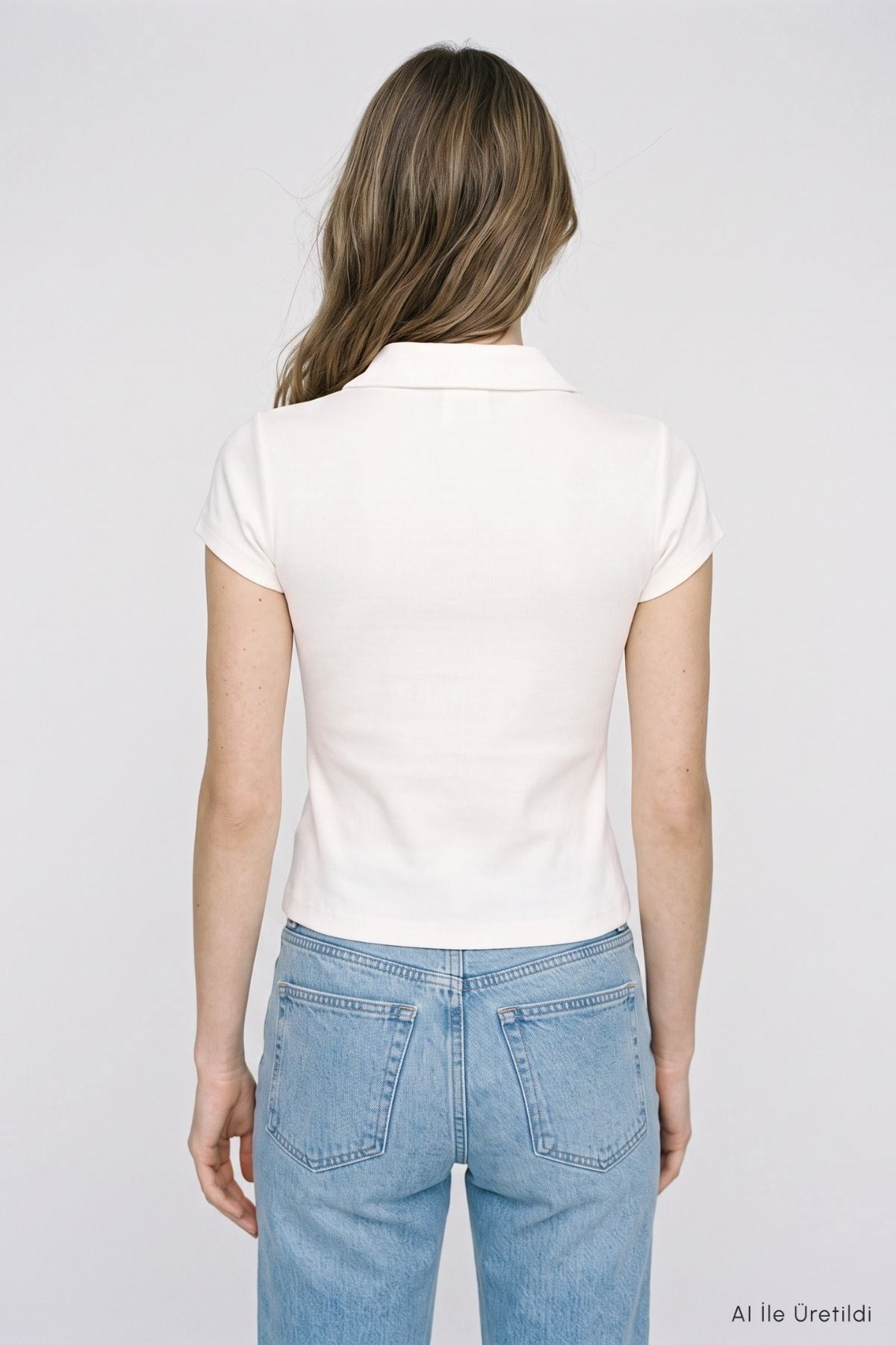 Polo Yaka Kısa Kol Crop Tişört 26651 Ekru 3