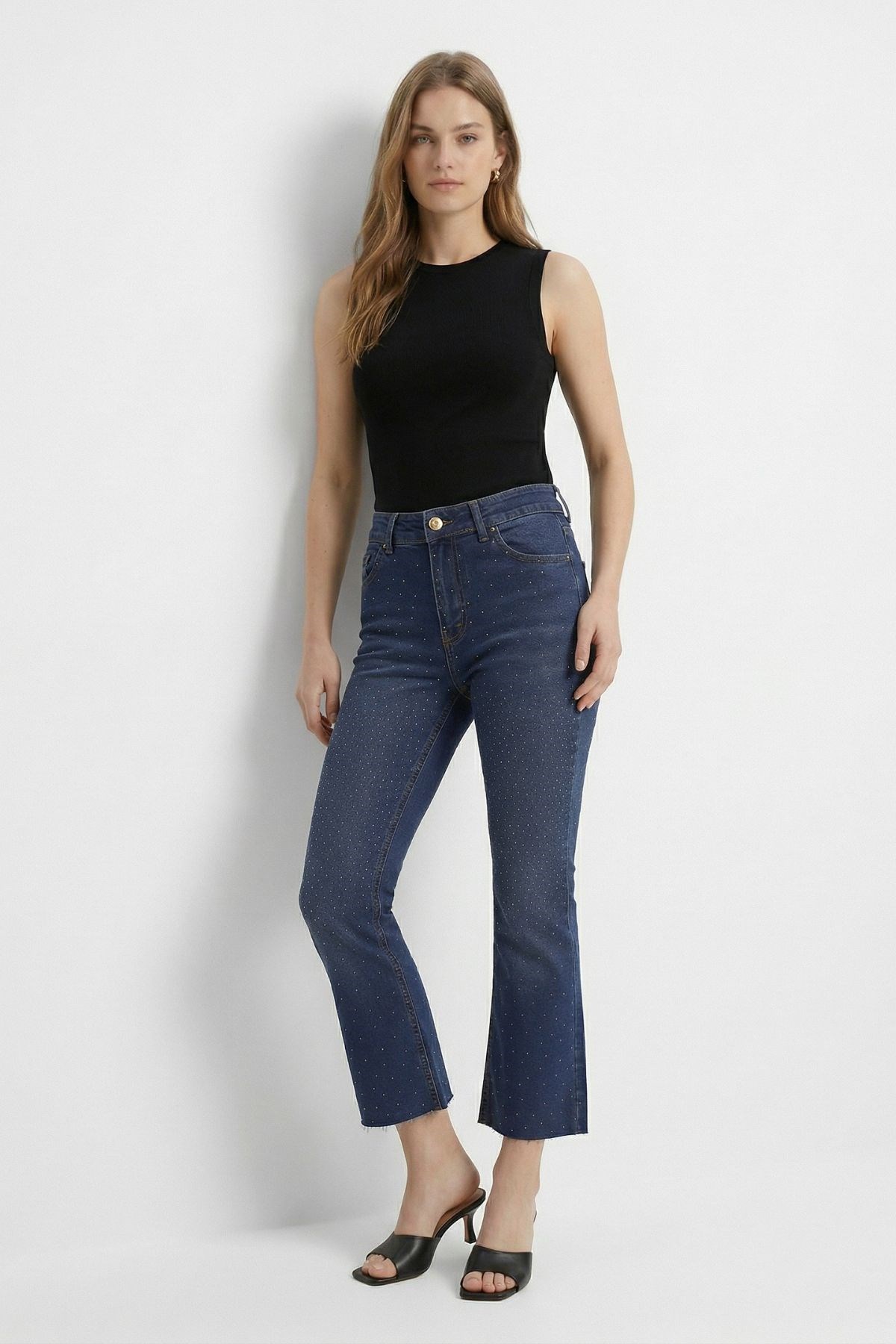 İspanyol Paça Taşlı Jean 3047-12 Tint Kahve