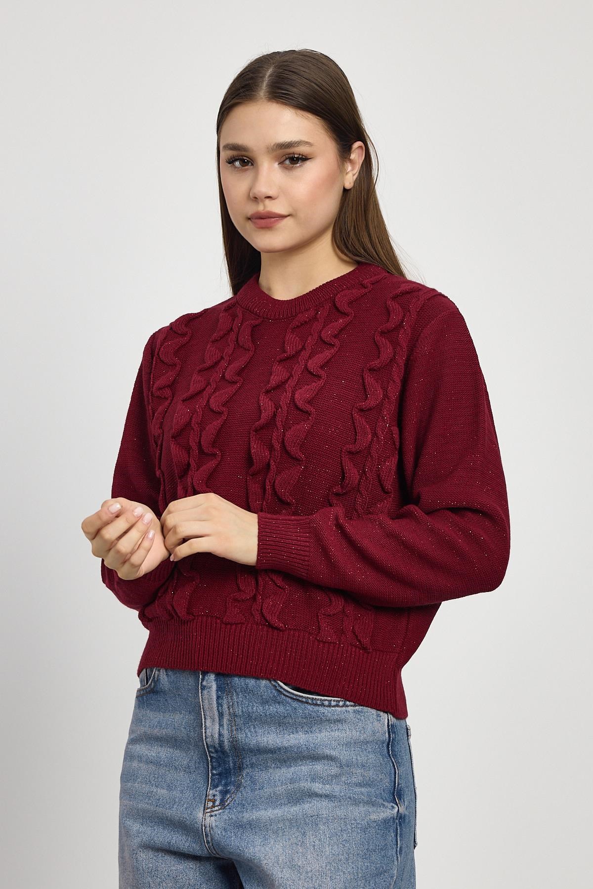 Simli Fırfır Detay Kazak 24364 Bordo 7