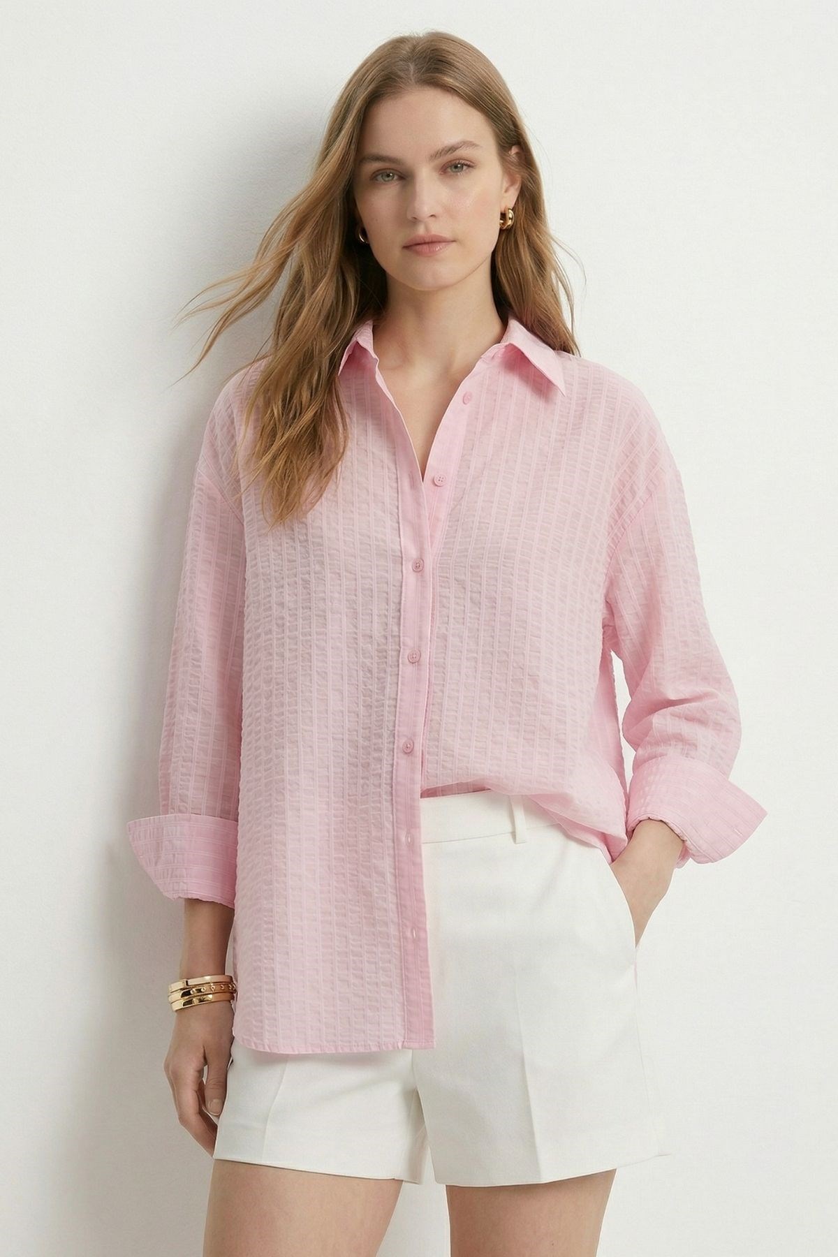 Çizgili Oversize Gömlek 5460 Pembe