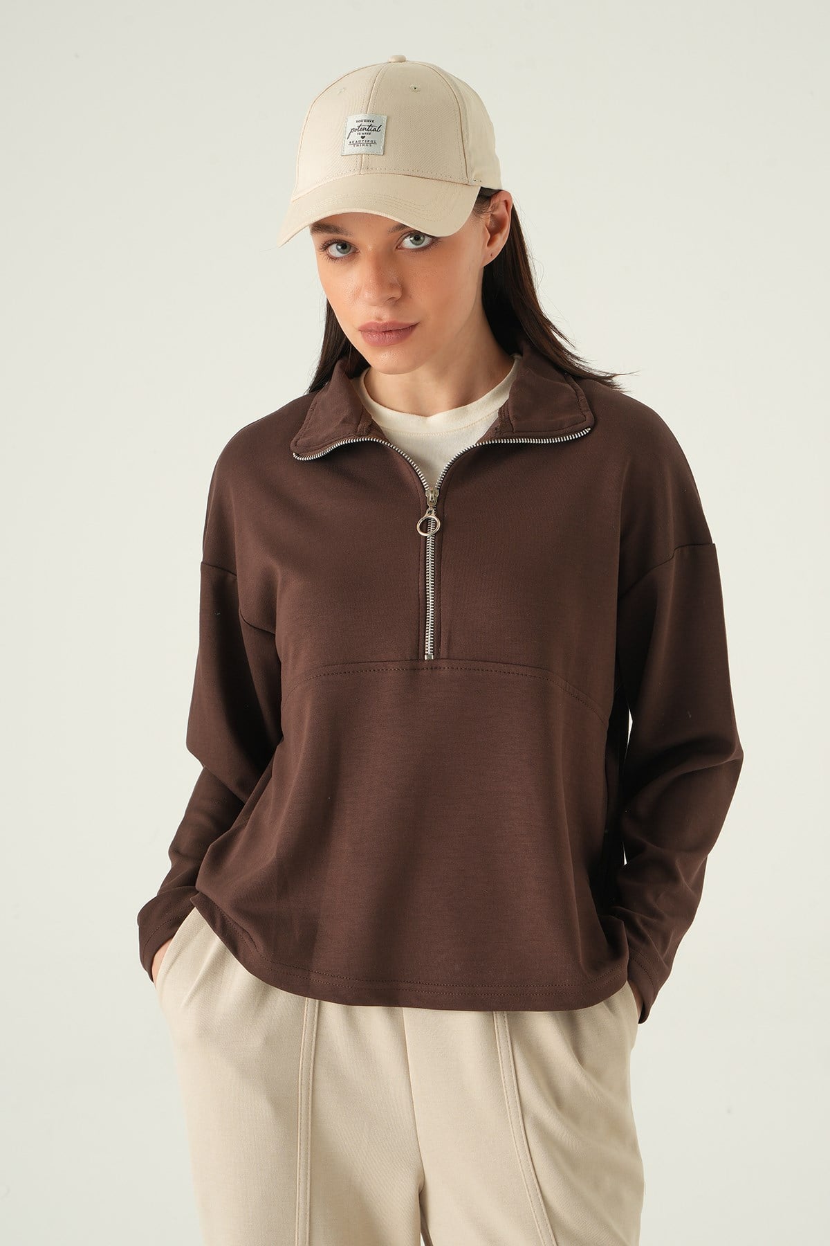 Yarım Fermuarlı Sweat 8249A Kahve 6
