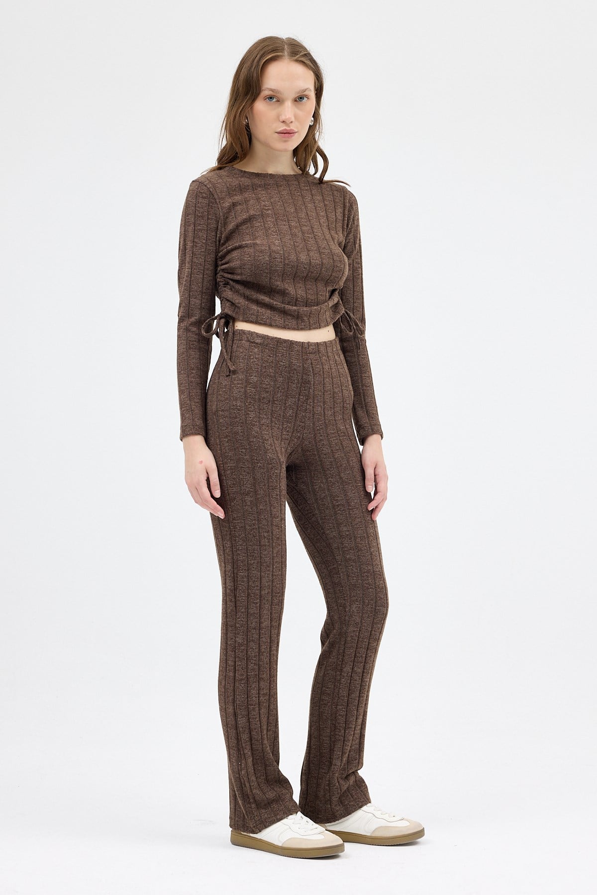 Kahve Fitilli Crop Bluz Pantolon İkili Takımı 8114A 2