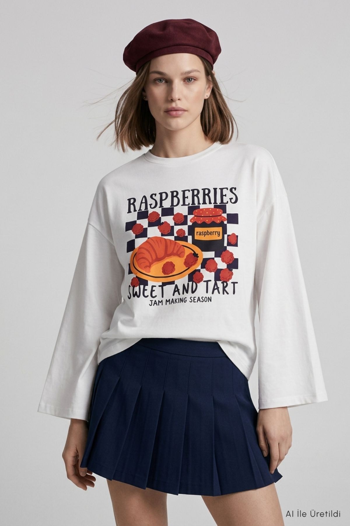 Raspberries Baskılı Geniş Kol Oversize Body 31152 Ekru