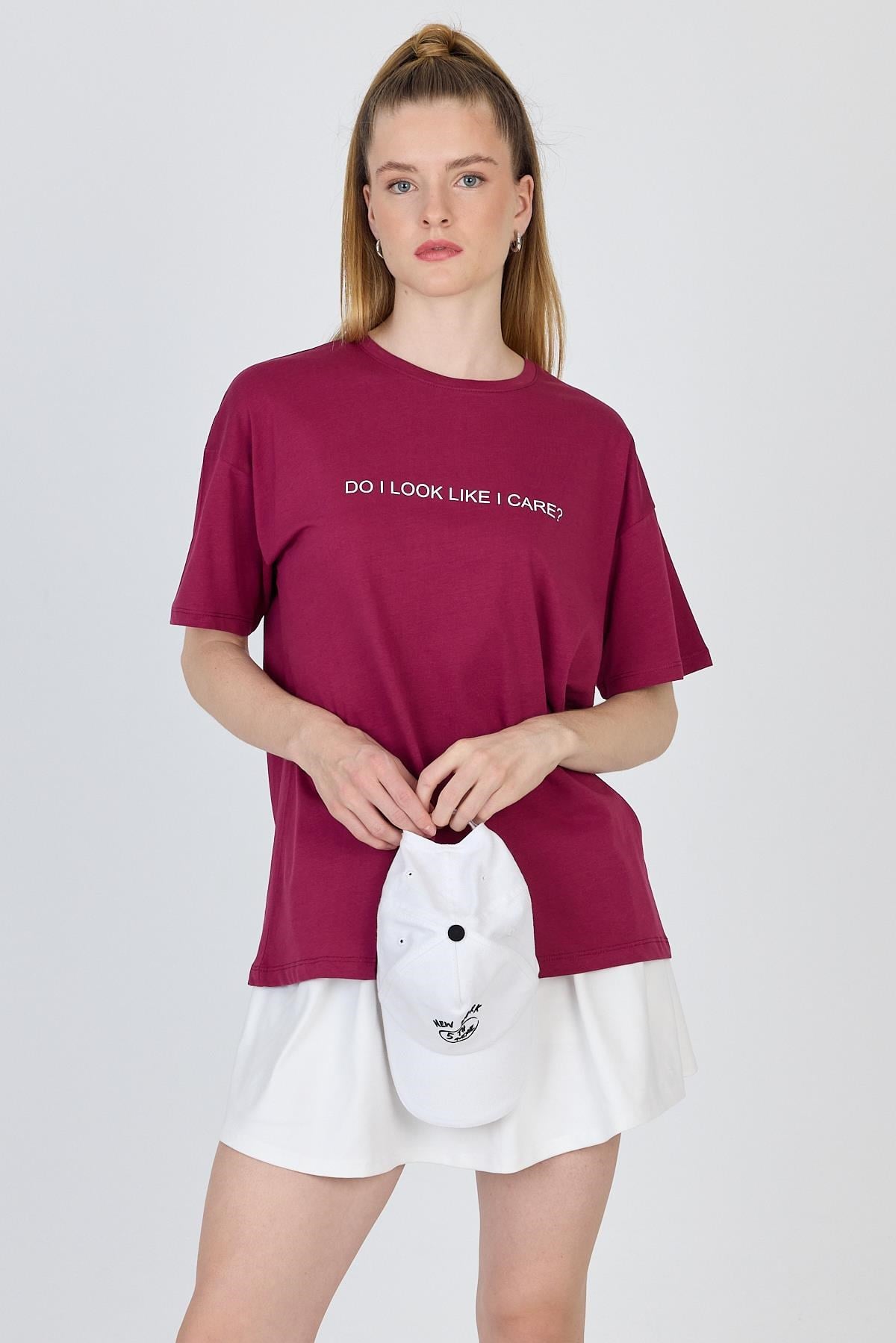 Bordo Yazı Baskılı %100 Pamuk Oversize Tişört 2150-5M 3