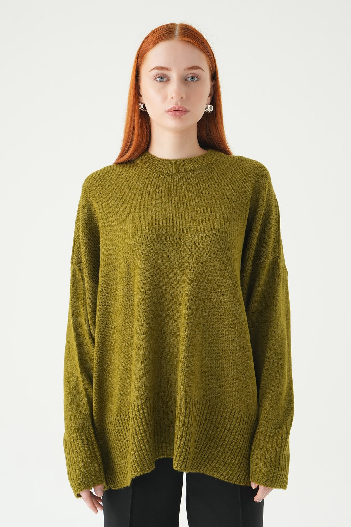 Bisiklet Yaka Oversize Kazak 2450 Yağ Yeşili 6