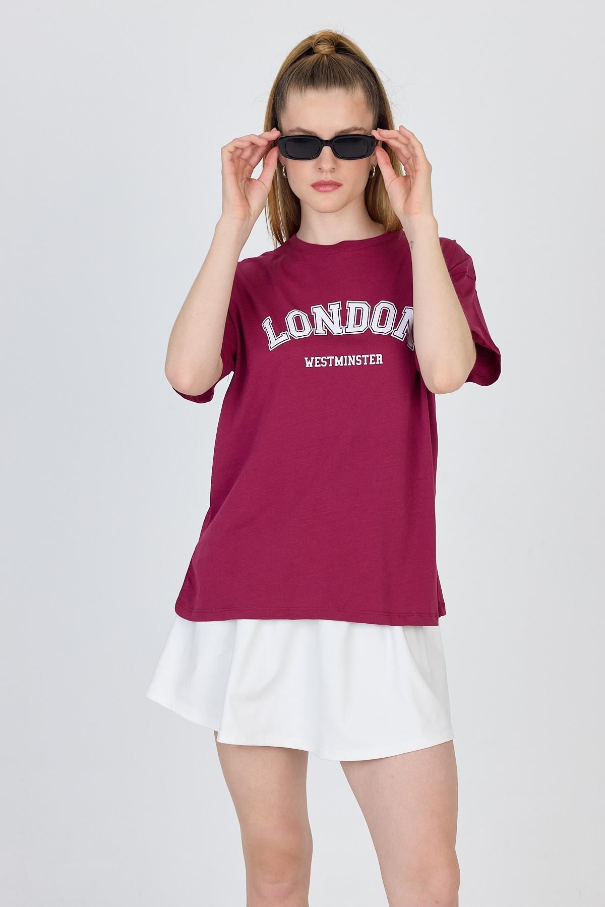 Bordo Yazı Baskılı %100 Pamuk Oversize Tişört 2150-9M 3