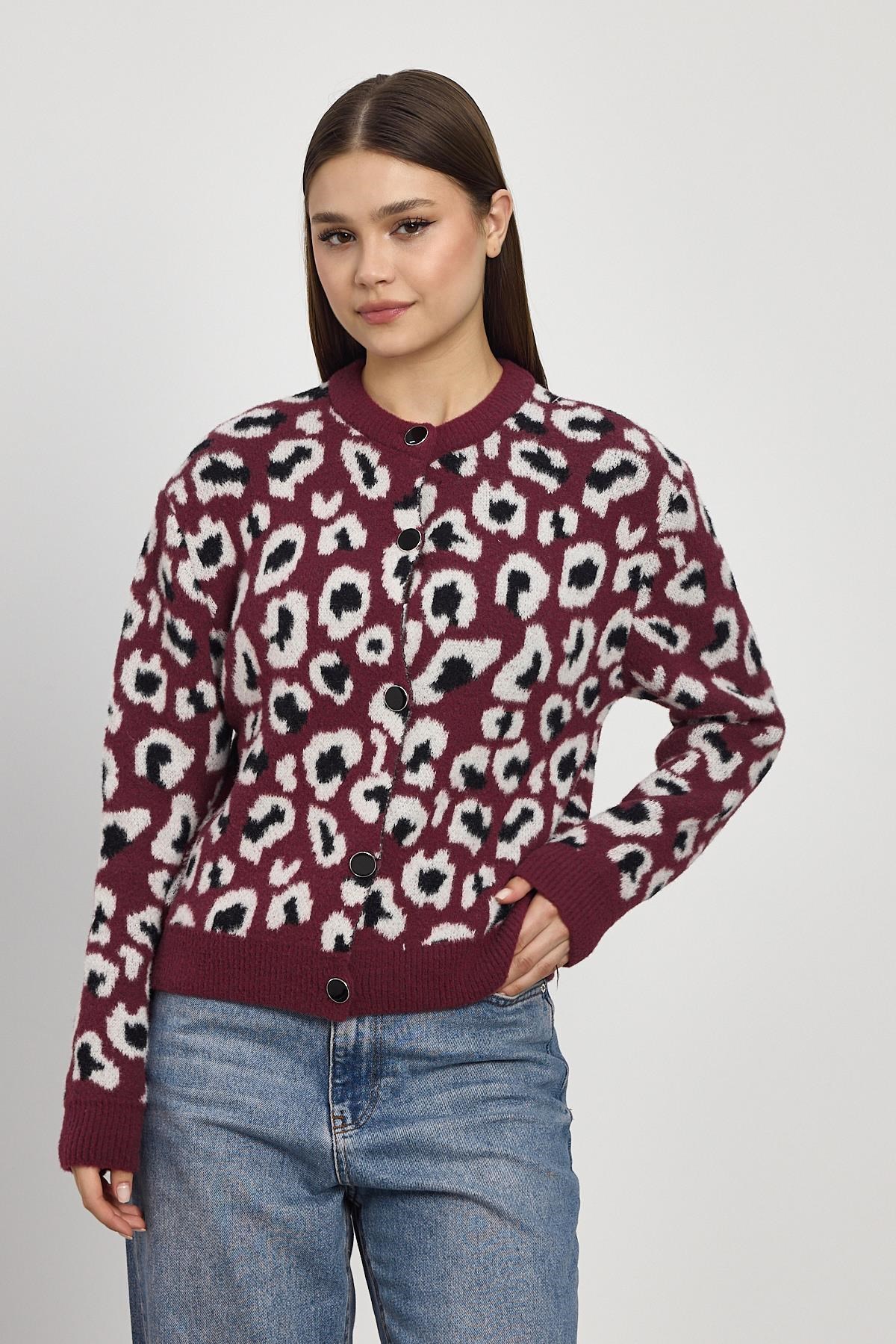 Leopar Detay Triko Hırka 24367 Bordo