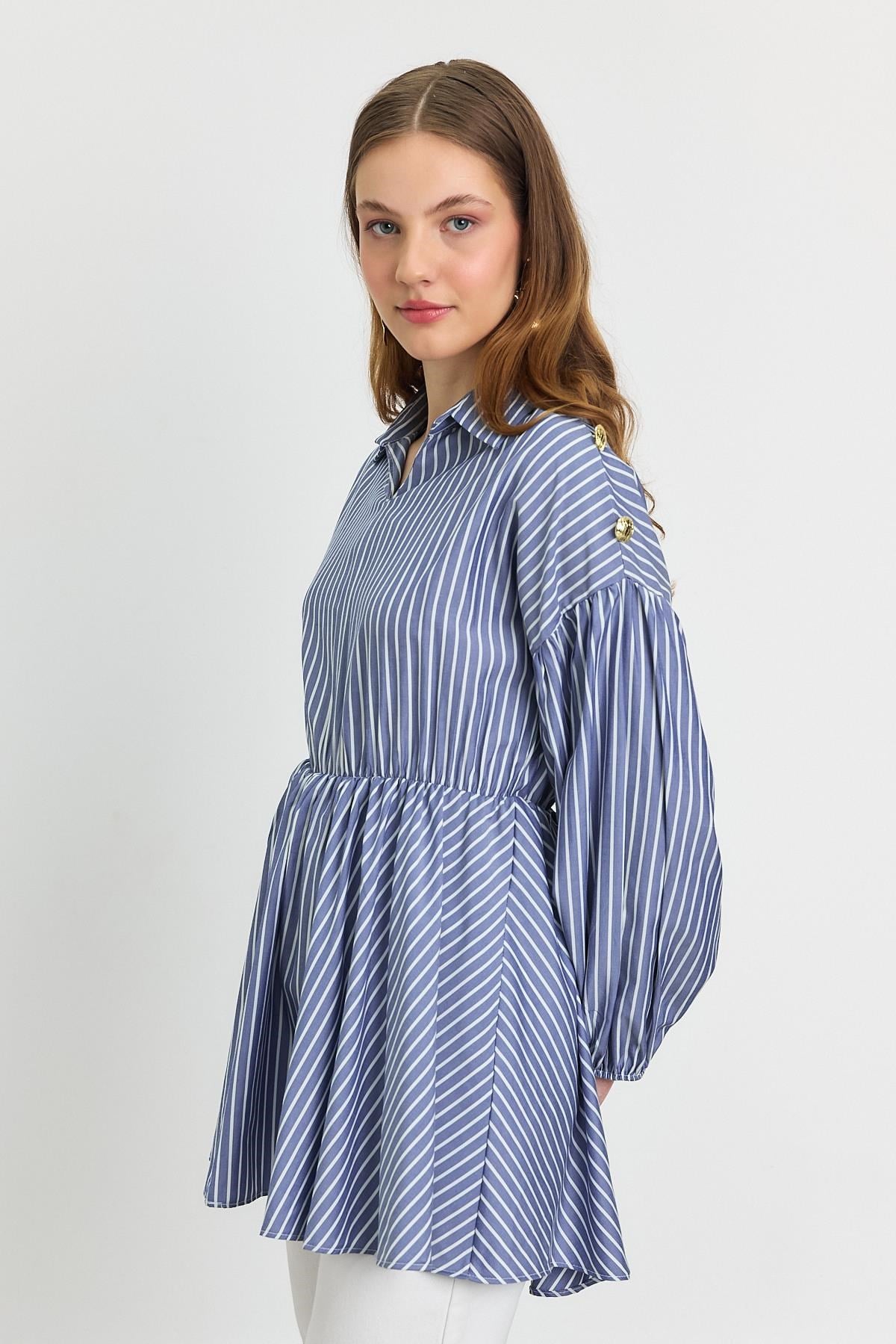Çizgili Bel Büzgülü Tunik 4291A Saks