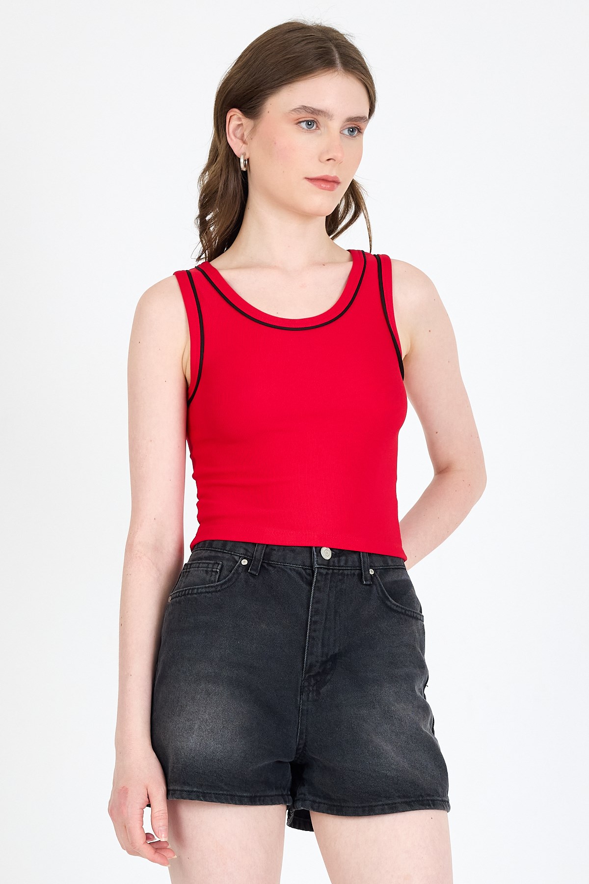 Kırmızı Şerit Detaylı Örme Crop Atlet 1049 2