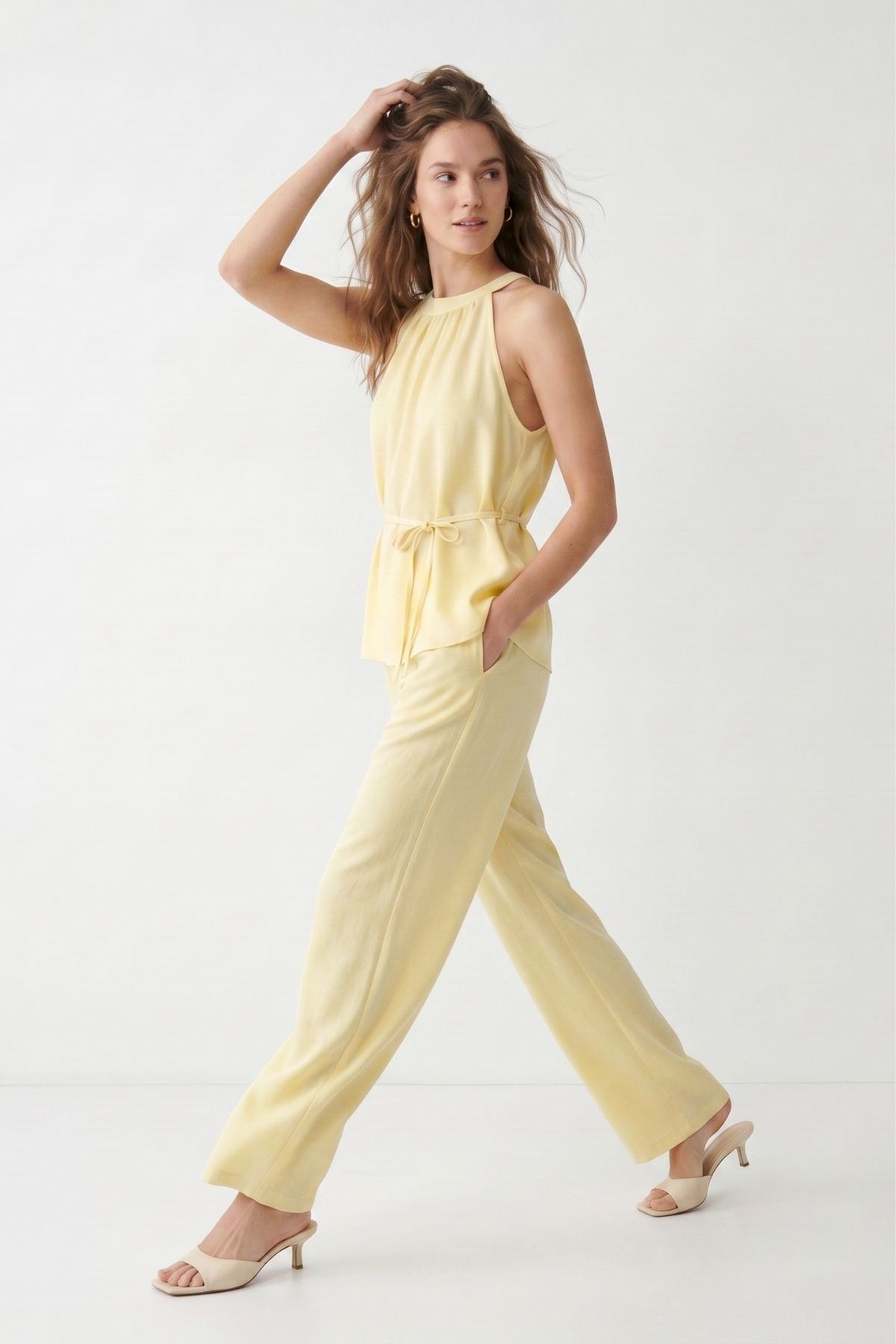 Halter Yaka Bluz Geniş Paça Pantolon 7130 Sarı